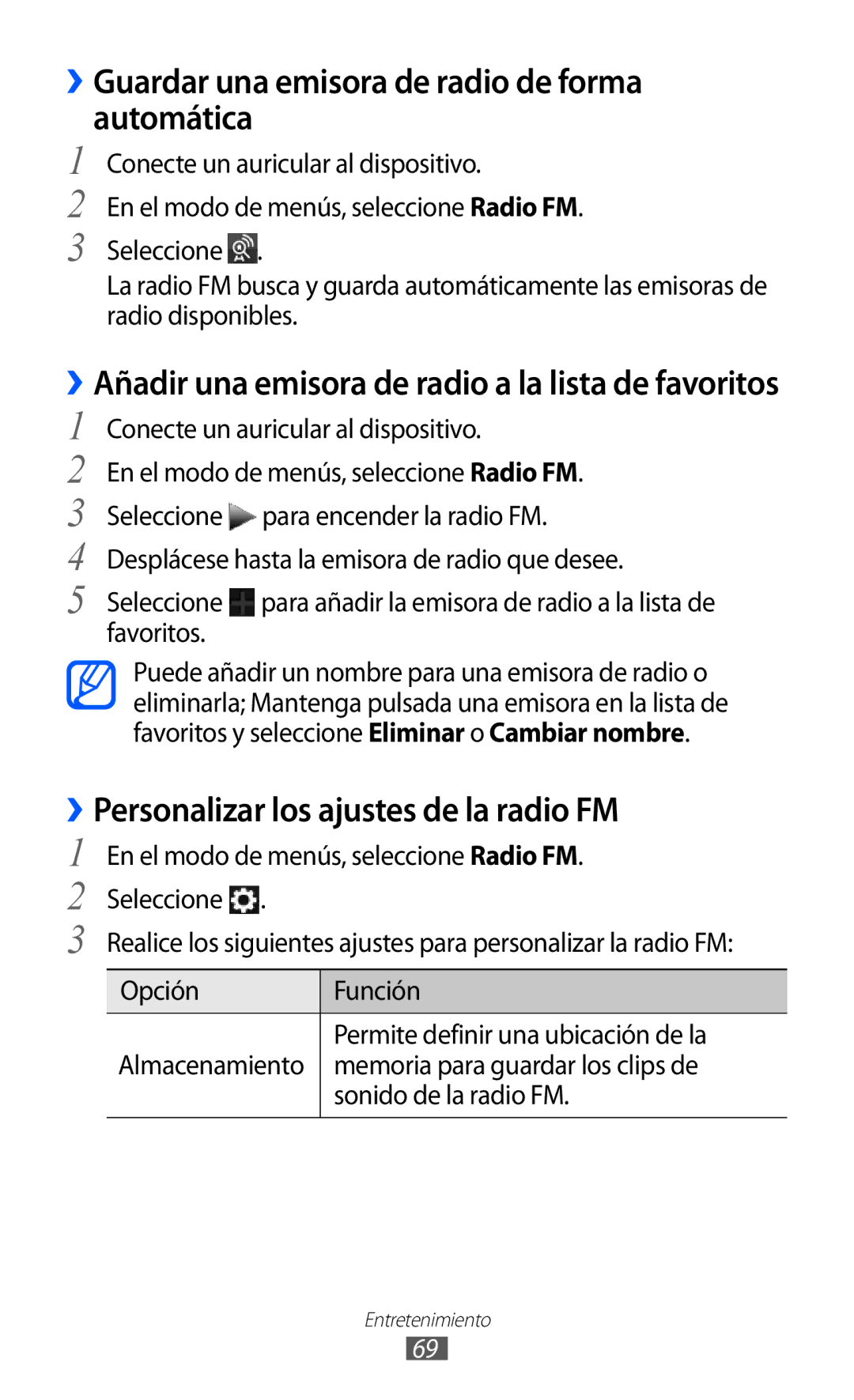 Samsung GT-S7230GREFOP manual ››Guardar una emisora de radio de forma automática, ››Personalizar los ajustes de la radio FM 