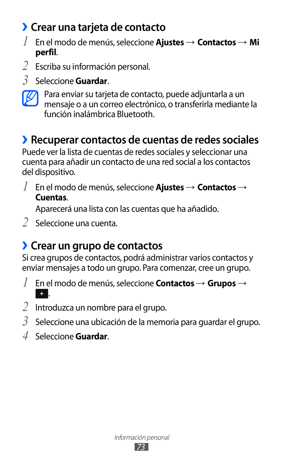 Samsung GT-S7230GREXEC, GT-S7230DWEXEC ››Crear una tarjeta de contacto, ››Crear un grupo de contactos, Perfil, Cuentas 