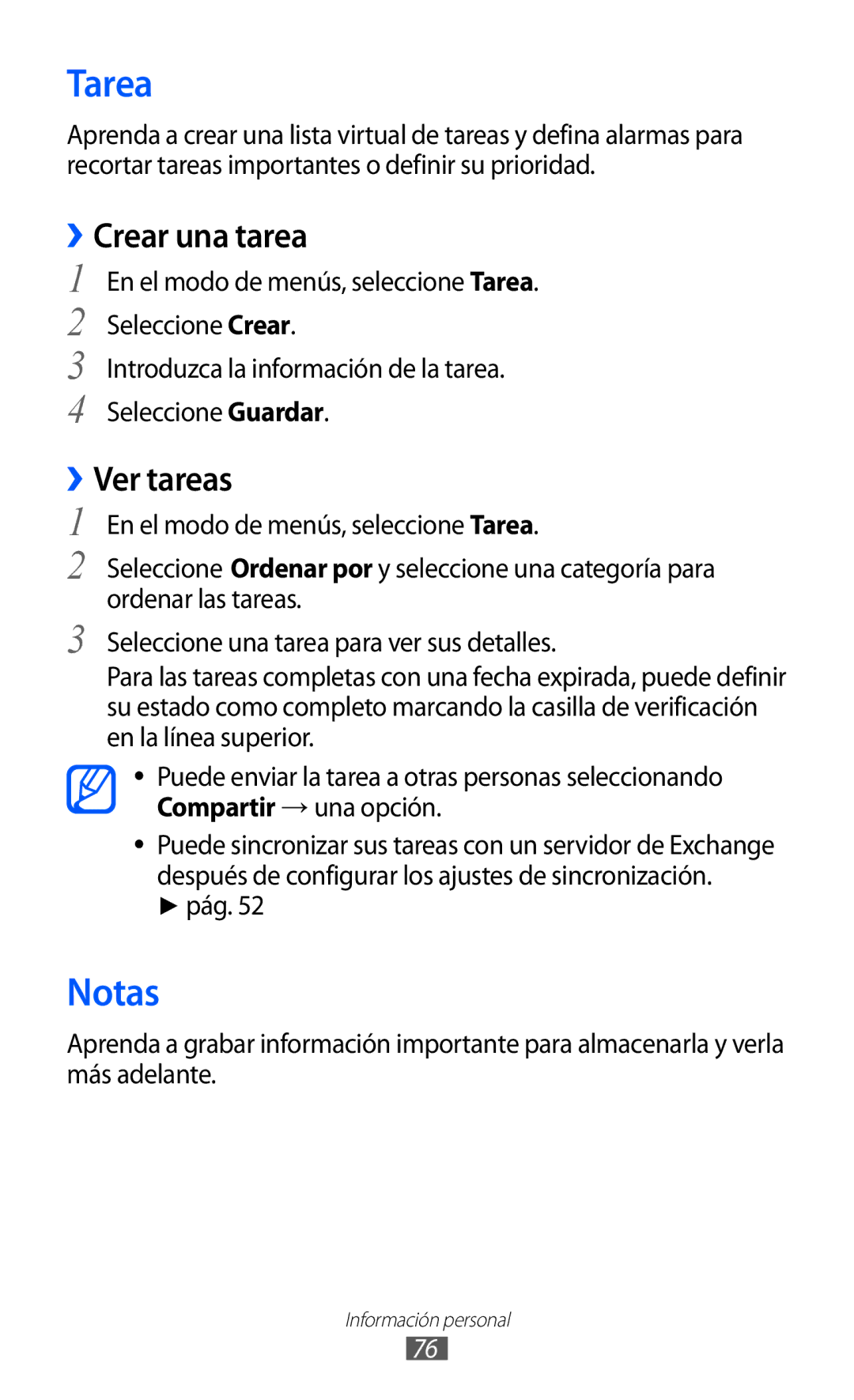 Samsung GT-S7230TAEFOP, GT-S7230DWEXEC, GT-S7230TAAATL, GT-S7230MKEAMN manual Tarea, Notas, ››Crear una tarea, ››Ver tareas 