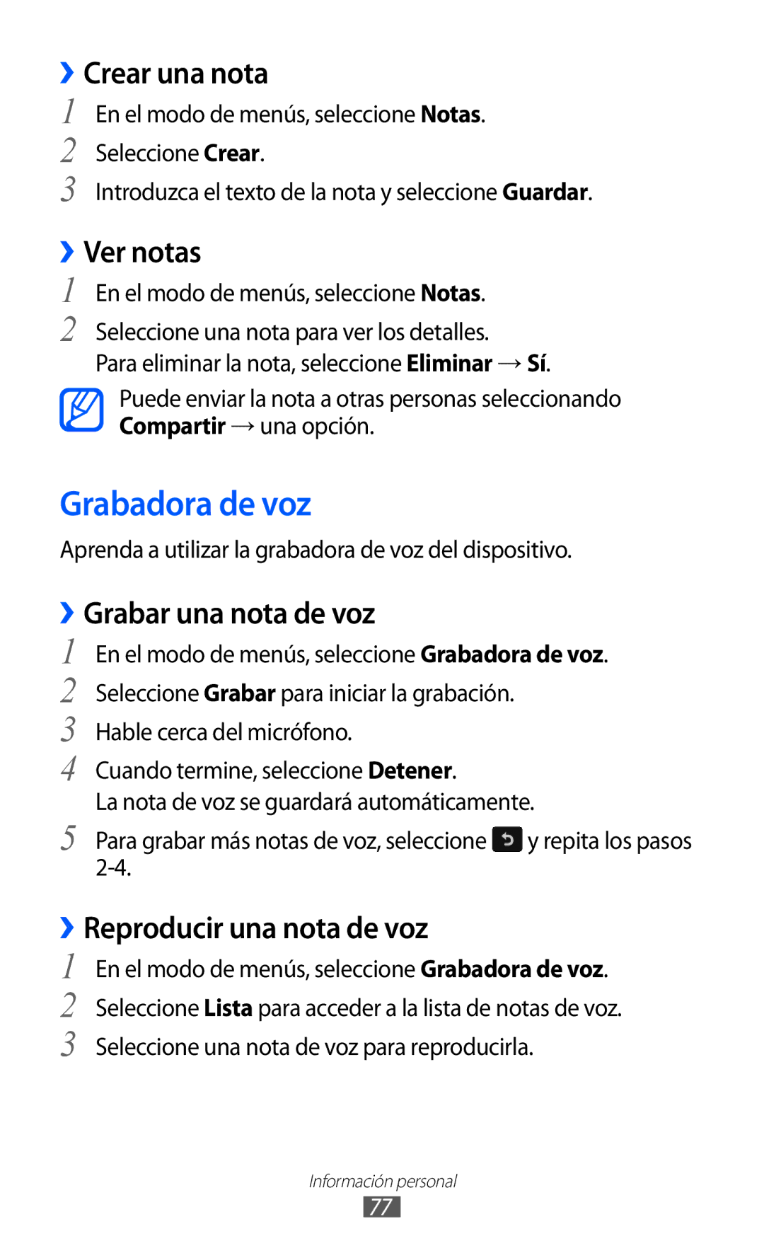 Samsung GT-S7230TAAATL, GT-S7230DWEXEC manual Grabadora de voz, ››Crear una nota, ››Ver notas, ››Grabar una nota de voz 