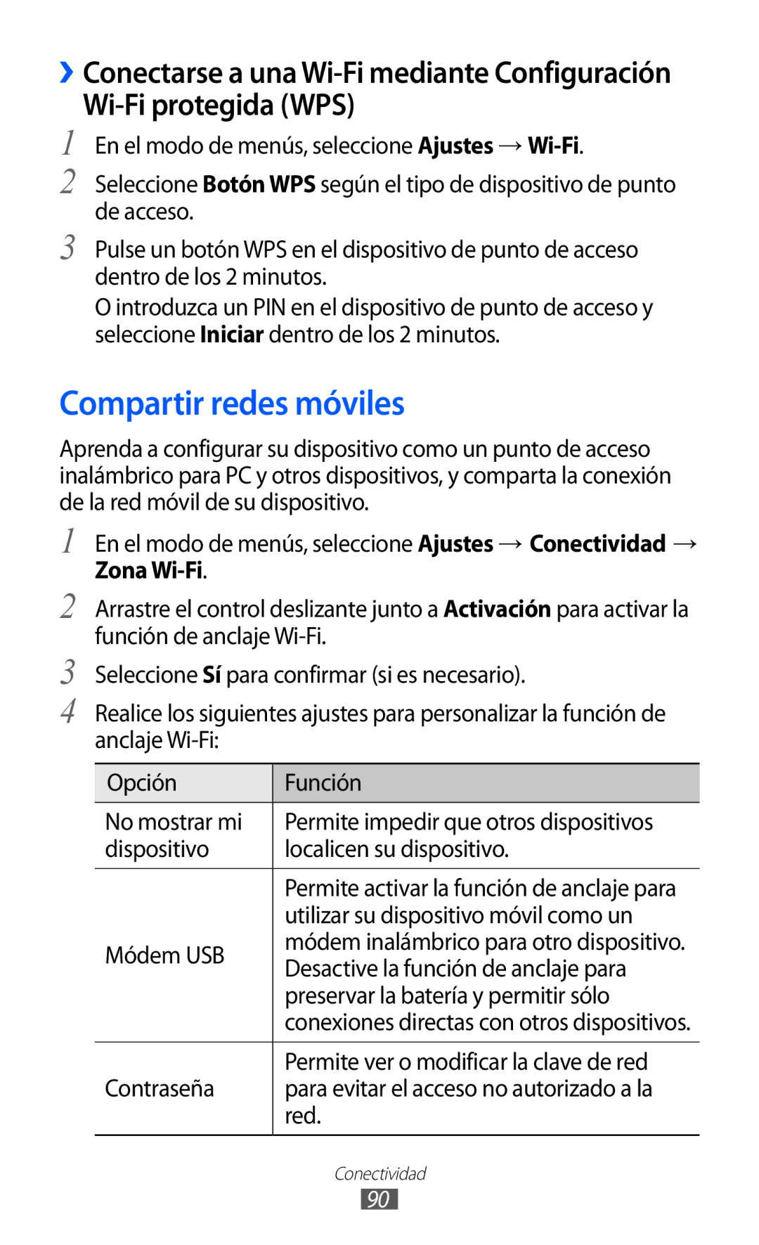 Samsung GT-S7230DWEXEC, GT-S7230TAEFOP, GT-S7230TAAATL manual Compartir redes móviles, Wi-Fi protegida WPS, Zona Wi-Fi 