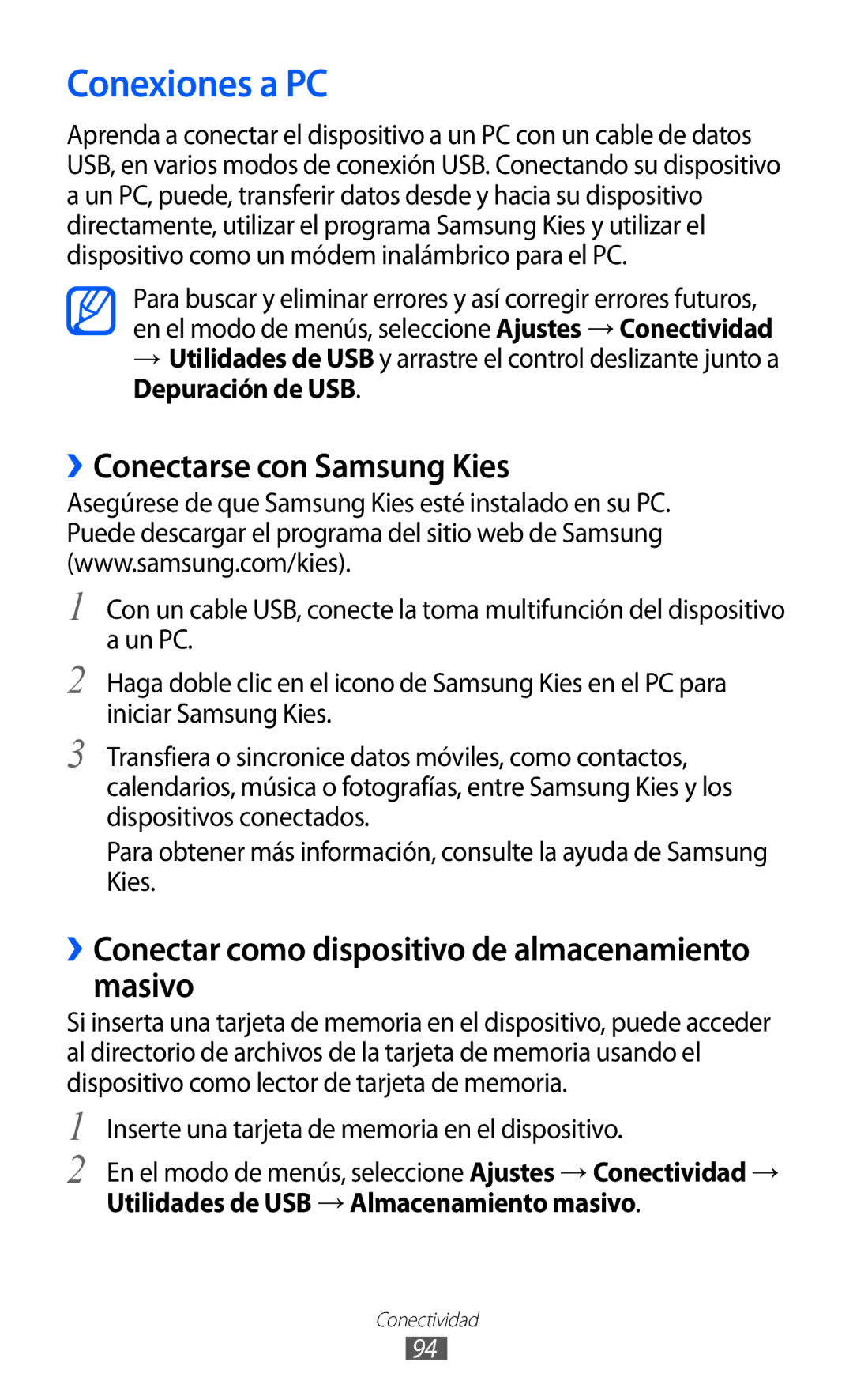 Samsung GT-S7230MKEXEC, GT-S7230DWEXEC, GT-S7230TAEFOP, GT-S7230TAAATL manual Conexiones a PC, ››Conectarse con Samsung Kies 