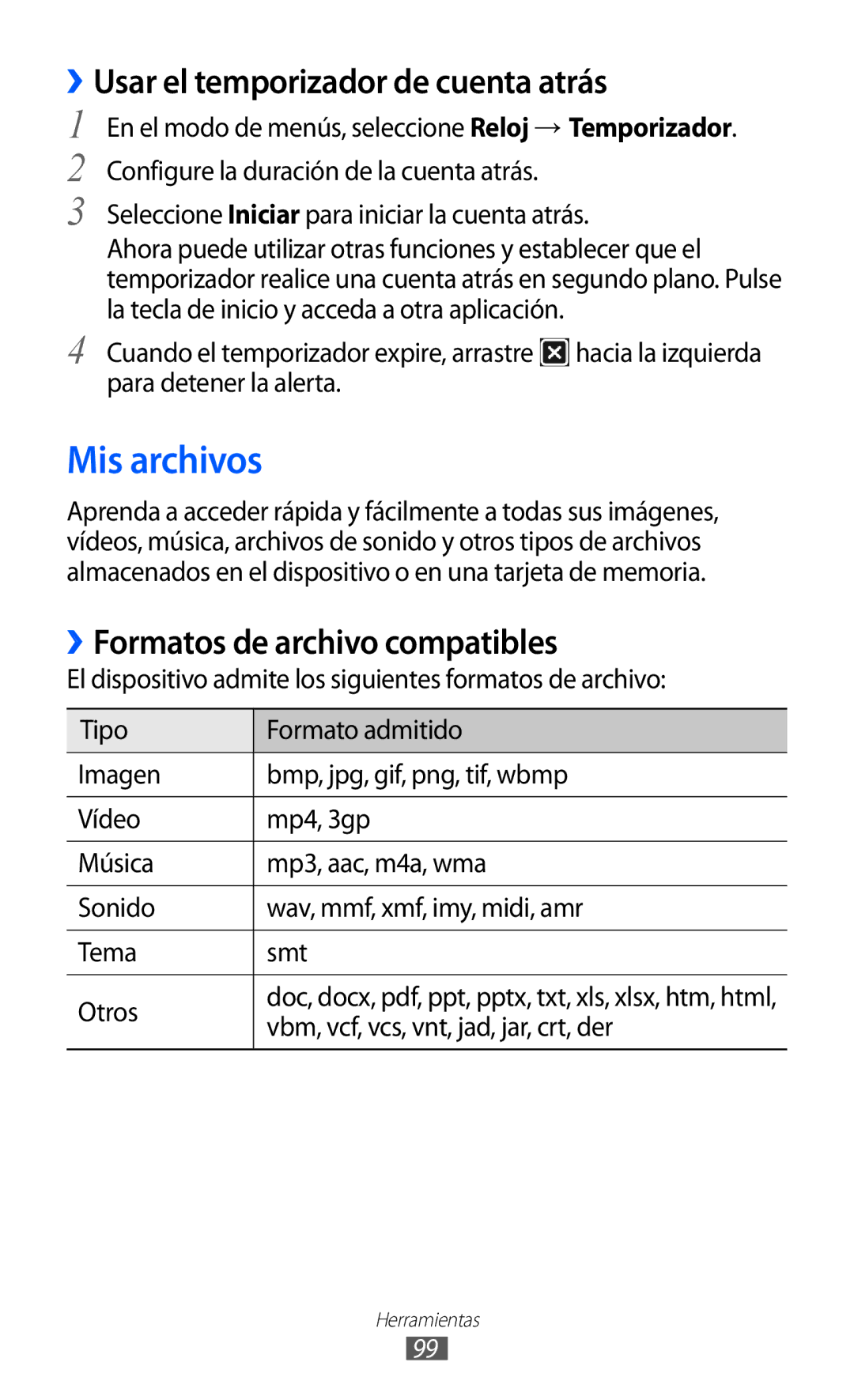 Samsung GT-S7230GREFOP manual Mis archivos, ››Usar el temporizador de cuenta atrás, ››Formatos de archivo compatibles 