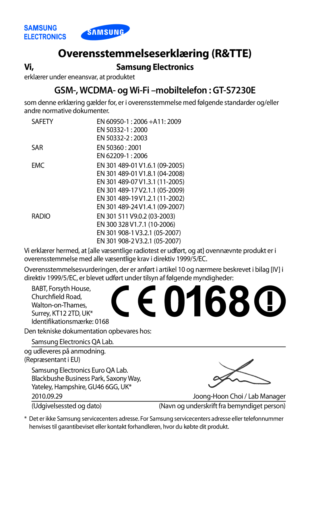 Samsung GT-S7230DWENEE, GT-S7230MKENEE, GT-S7230TAANEE, GT-S7230TAENEE, GT-S7230GRENEE manual Overensstemmelseserklæring R&TTE 