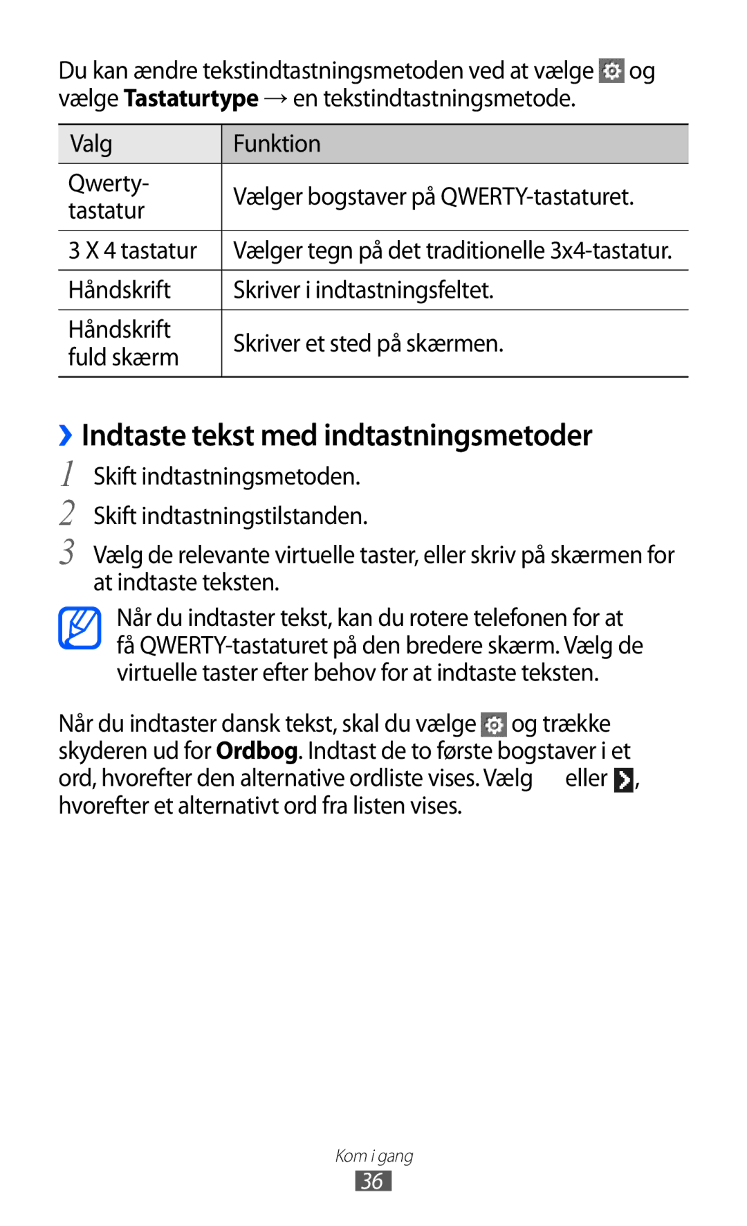 Samsung GT-S7230TAANEE, GT-S7230MKENEE ››Indtaste tekst med indtastningsmetoder, Valg Funktion Qwerty, Tastatur, tastatur 