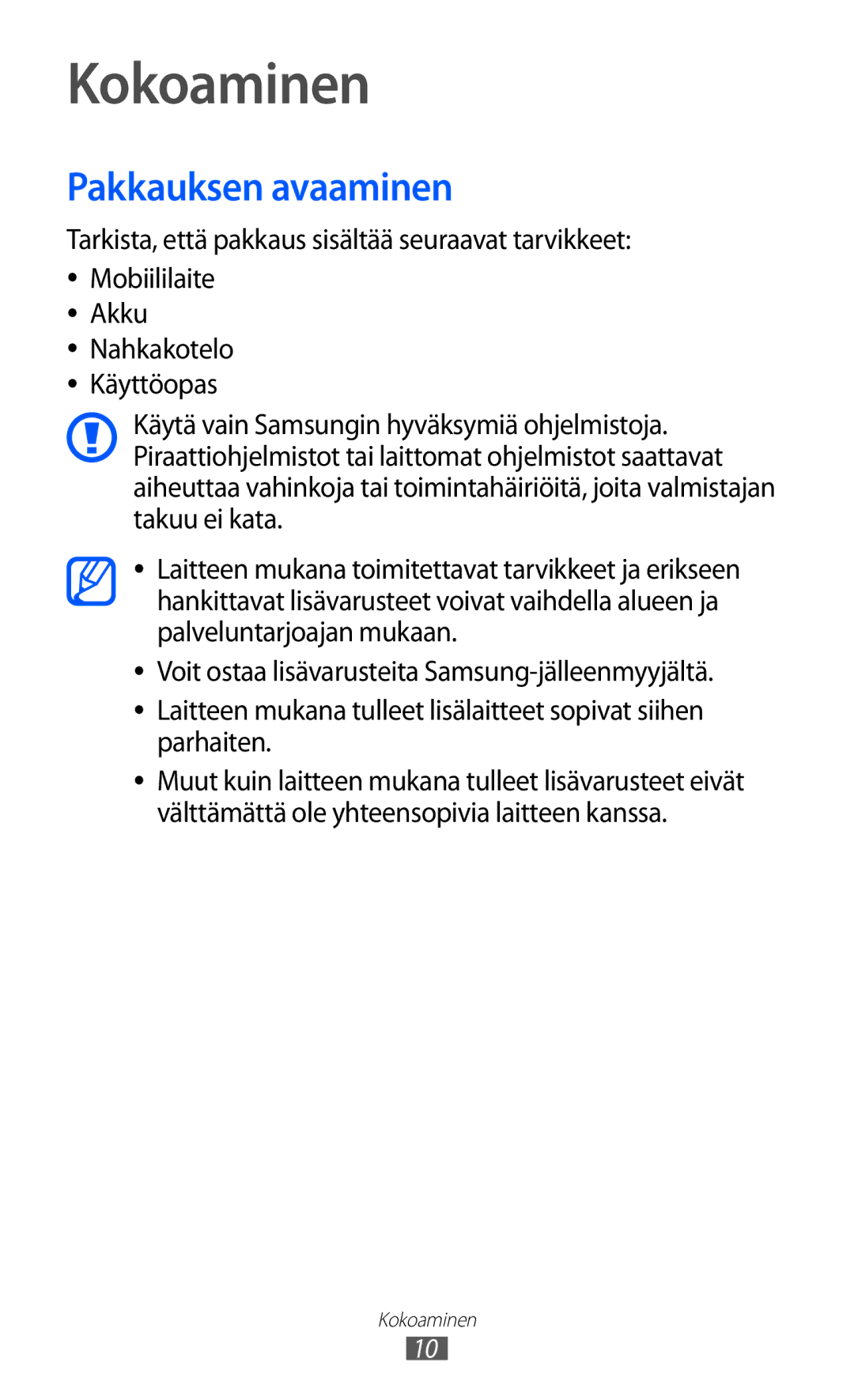 Samsung GT-S7230MKENEE, GT-S7230TAANEE, GT-S7230TAENEE, GT-S7230GRENEE, GT-S7230DWENEE manual Kokoaminen, Pakkauksen avaaminen 