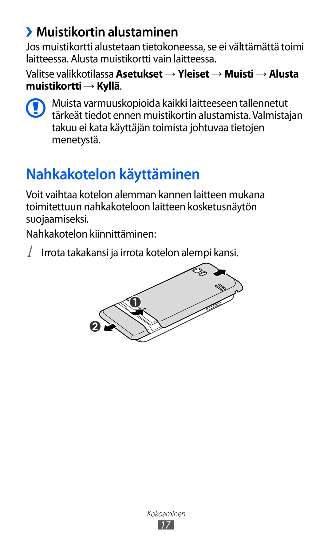 Samsung GT-S7230TAENEE, GT-S7230MKENEE, GT-S7230TAANEE, GT-S7230GRENEE Nahkakotelon käyttäminen, ››Muistikortin alustaminen 