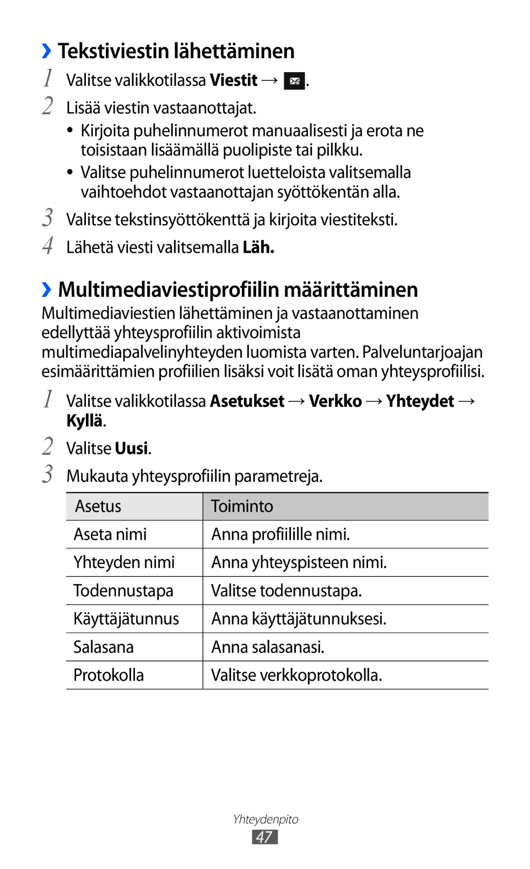 Samsung GT-S7230TAENEE, GT-S7230MKENEE manual ››Tekstiviestin lähettäminen, ››Multimediaviestiprofiilin määrittäminen 