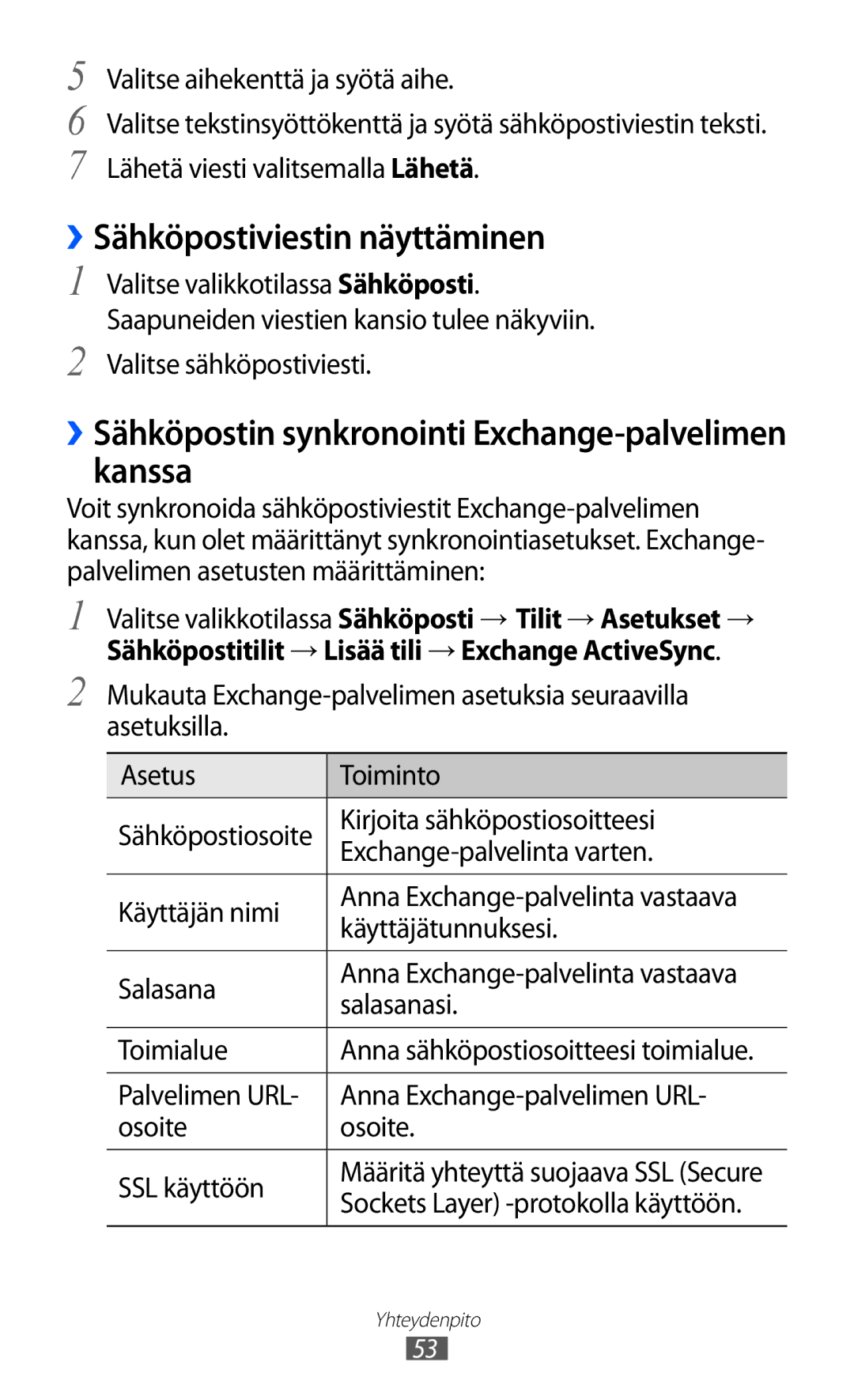 Samsung GT-S7230GRENEE manual ››Sähköpostiviestin näyttäminen, ››Sähköpostin synkronointi Exchange-palvelimen kanssa 