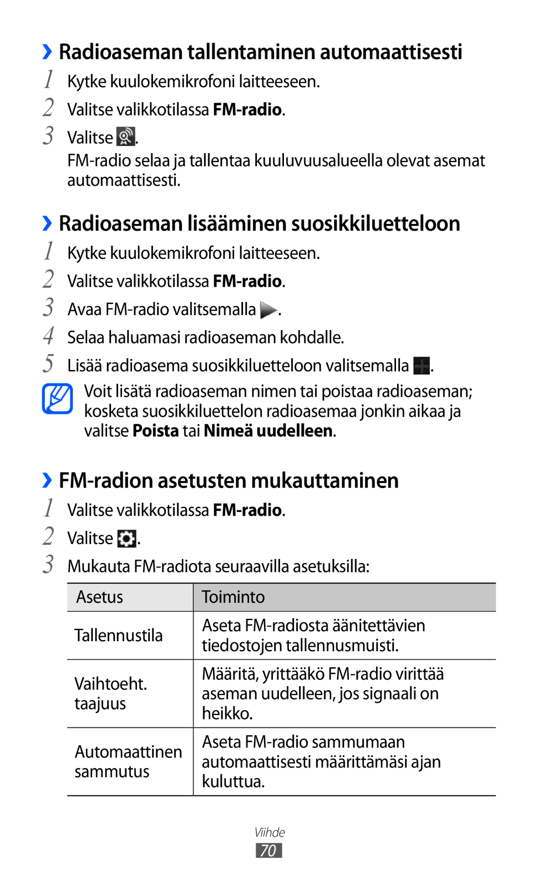 Samsung GT-S7230MKENEE, GT-S7230TAANEE ››FM-radion asetusten mukauttaminen, ››Radioaseman tallentaminen automaattisesti 