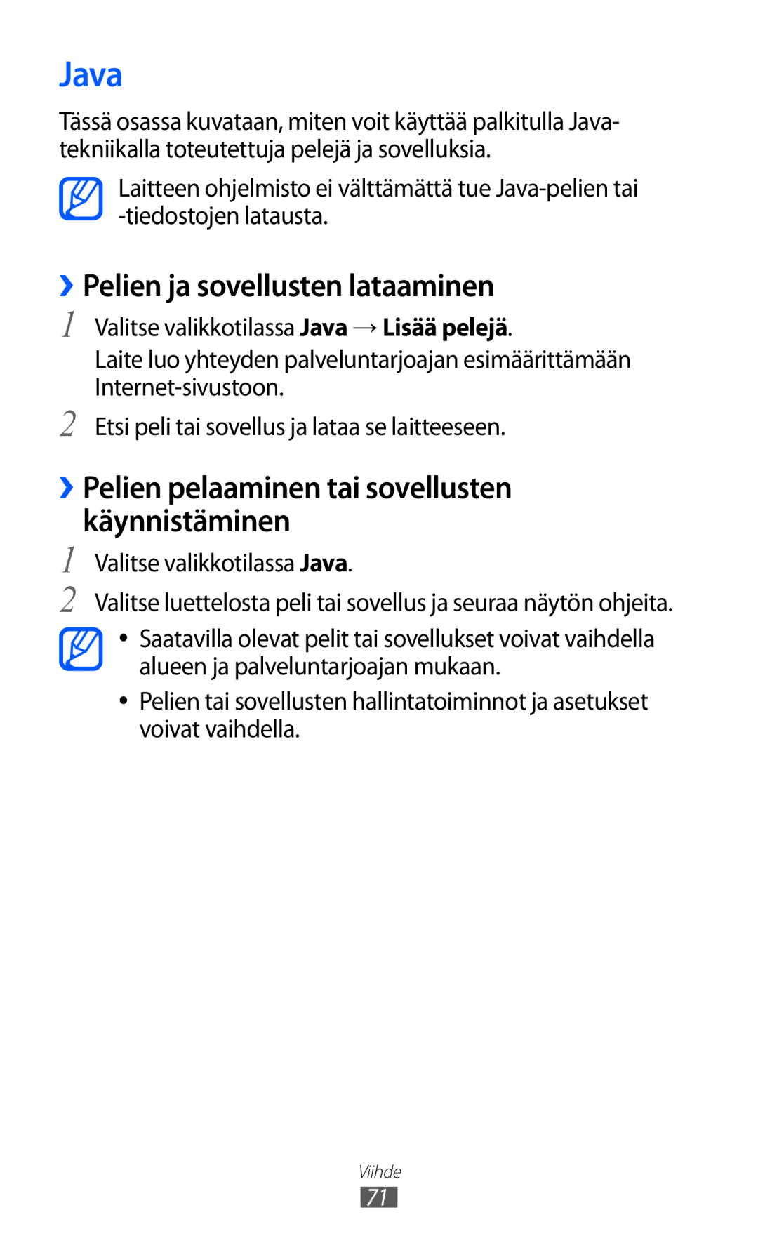 Samsung GT-S7230TAANEE, GT-S7230MKENEE, GT-S7230TAENEE ››Pelien ja sovellusten lataaminen, Valitse valikkotilassa Java 