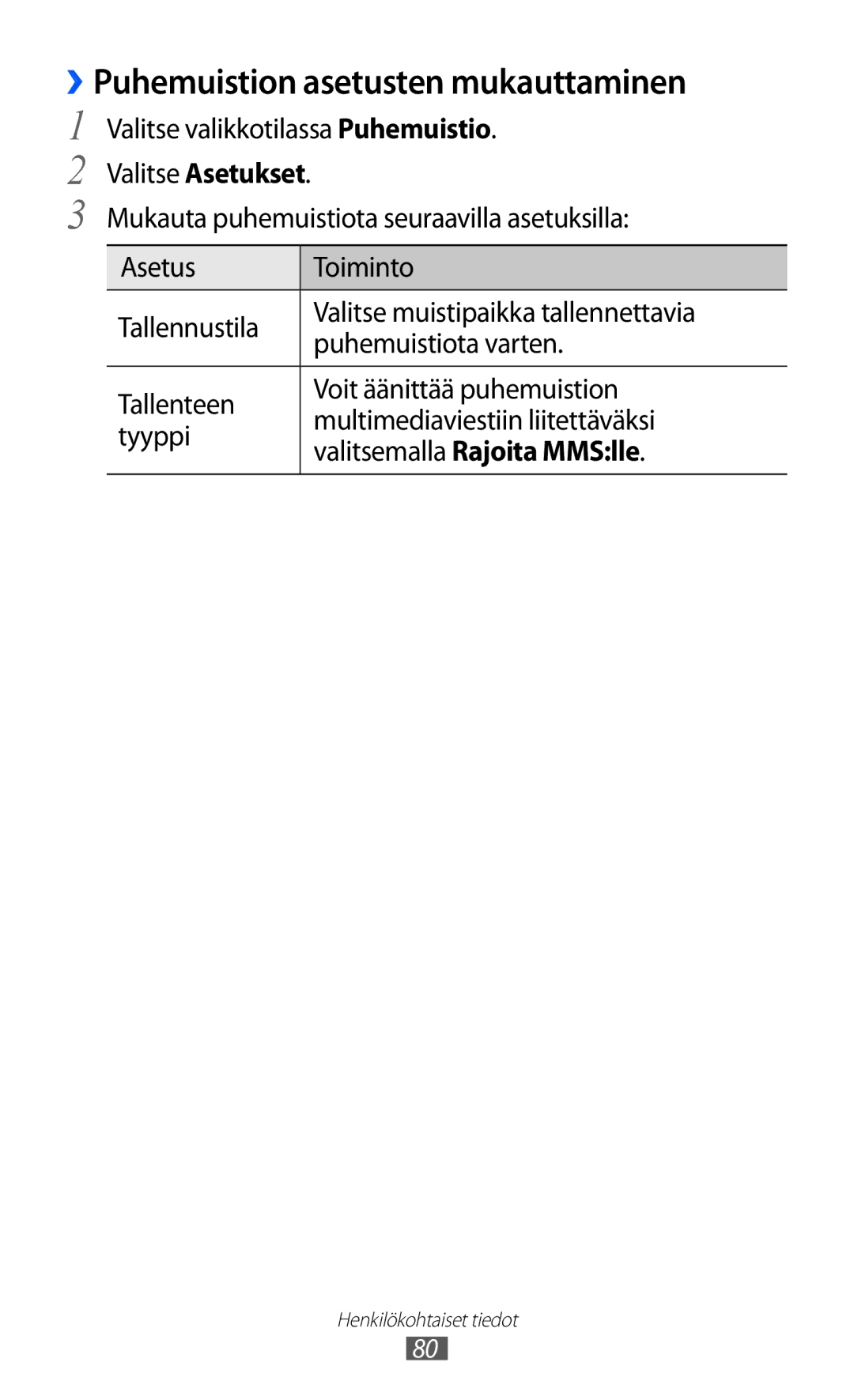 Samsung GT-S7230MKENEE, GT-S7230TAANEE, GT-S7230TAENEE ››Puhemuistion asetusten mukauttaminen, Valitsemalla Rajoita MMSlle 