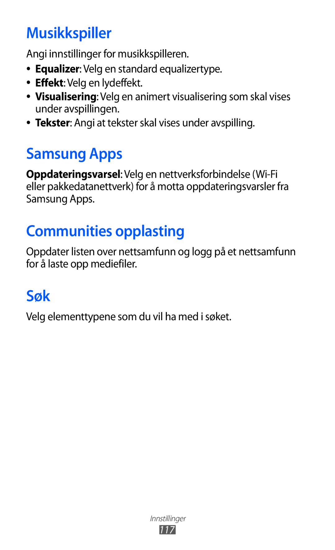 Samsung GT-S7230TAENEE manual Musikkspiller, Communities opplasting, Søk, Velg elementtypene som du vil ha med i søket 