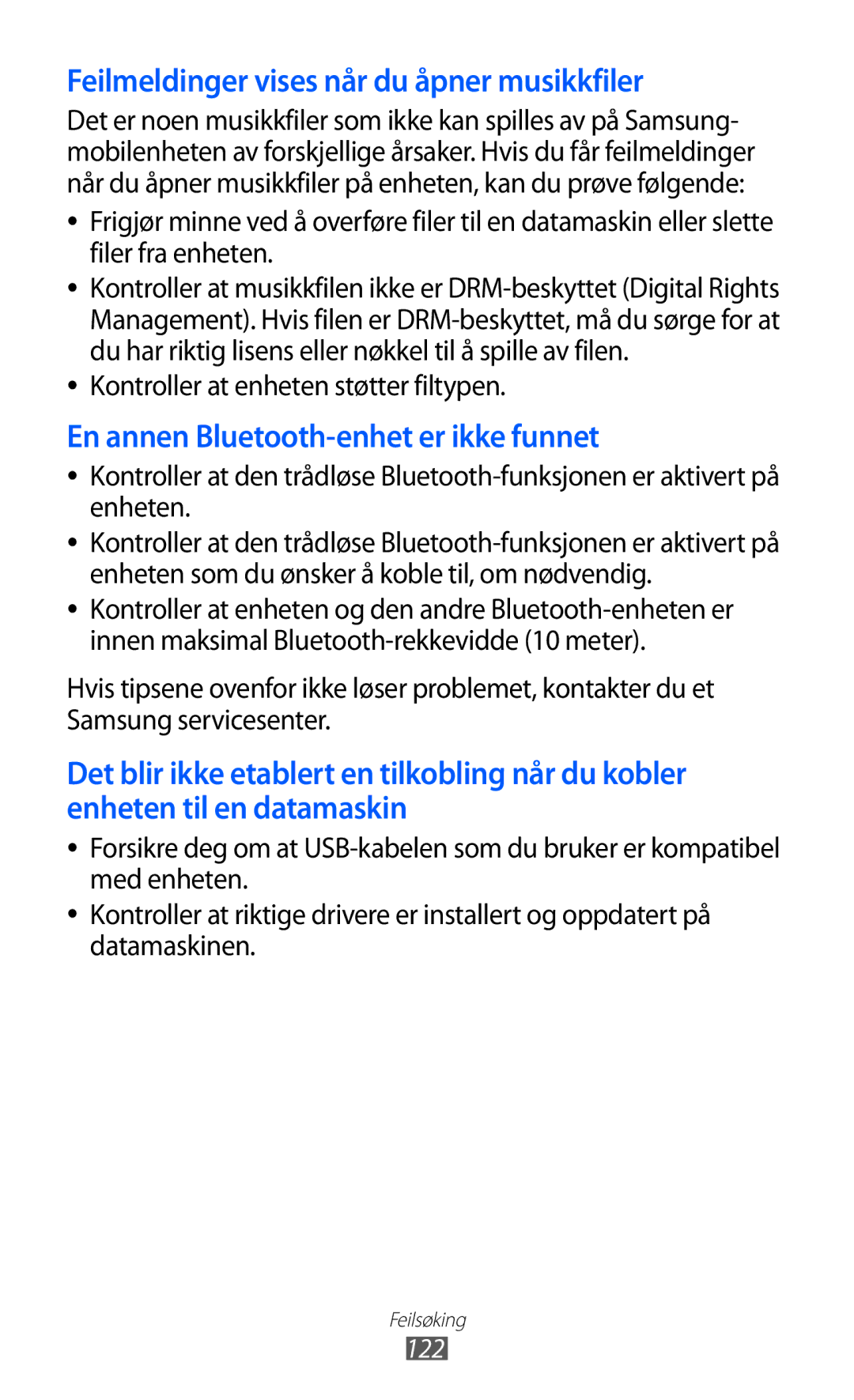 Samsung GT-S7230TAENEE manual Feilmeldinger vises når du åpner musikkfiler, Kontroller at enheten støtter filtypen 