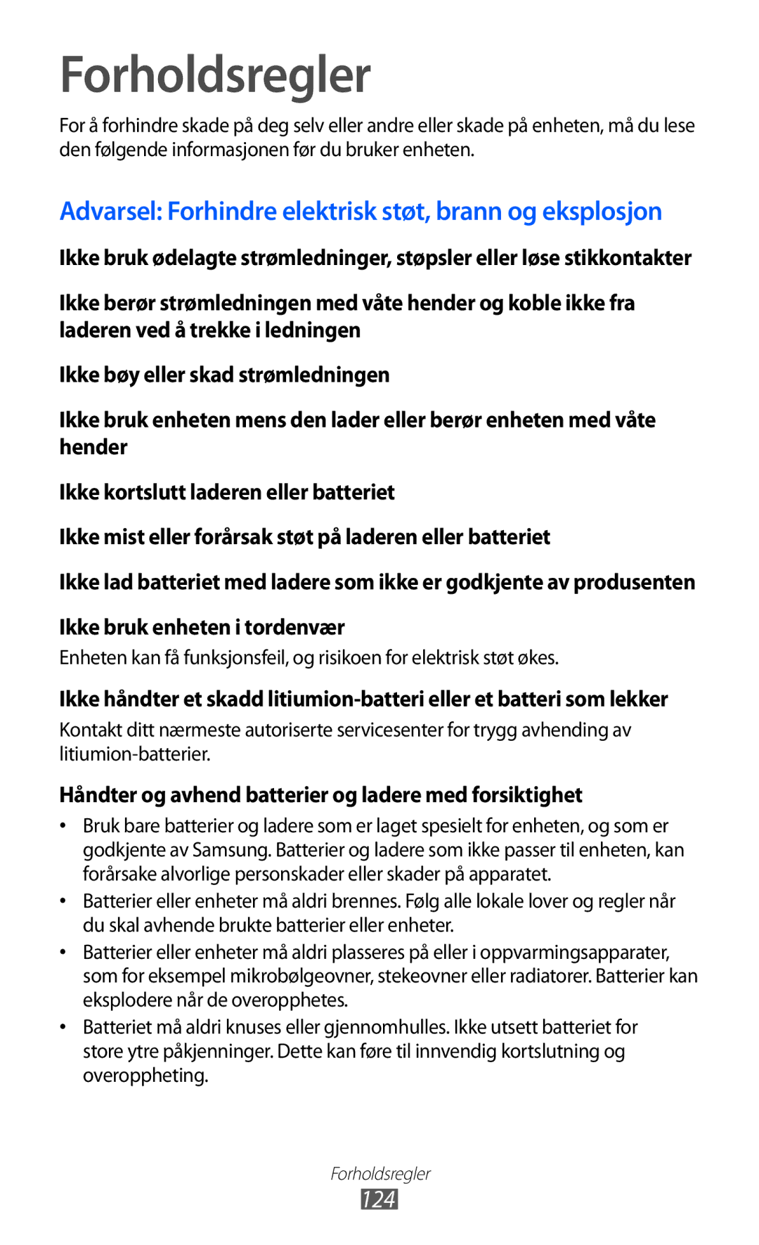 Samsung GT-S7230DWENEE, GT-S7230MKENEE manual Forholdsregler, Håndter og avhend batterier og ladere med forsiktighet 