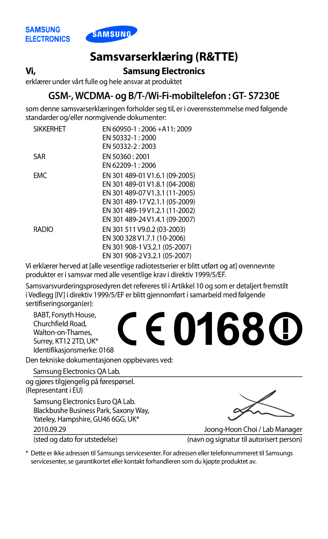 Samsung GT-S7230DWENEE, GT-S7230MKENEE, GT-S7230TAANEE, GT-S7230TAENEE, GT-S7230GRENEE manual Samsvarserklæring R&TTE 