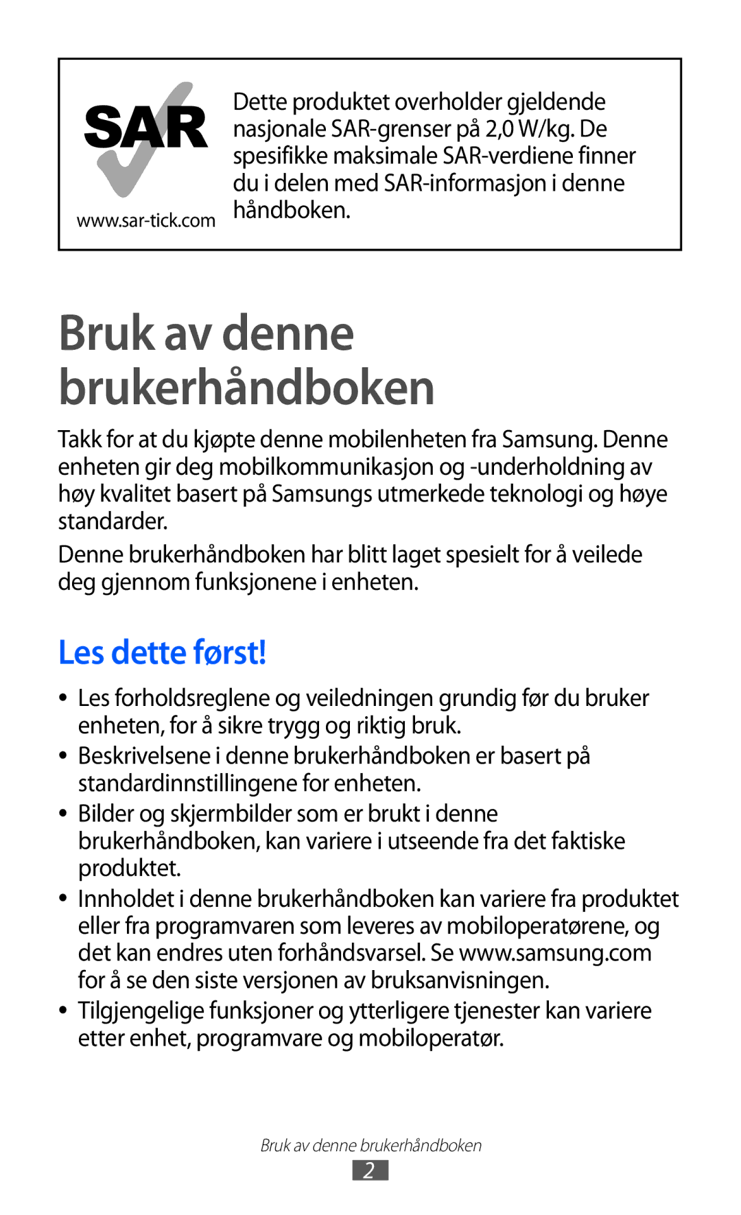 Samsung GT-S7230TAENEE, GT-S7230MKENEE, GT-S7230TAANEE, GT-S7230GRENEE manual Bruk av denne brukerhåndboken, Les dette først 