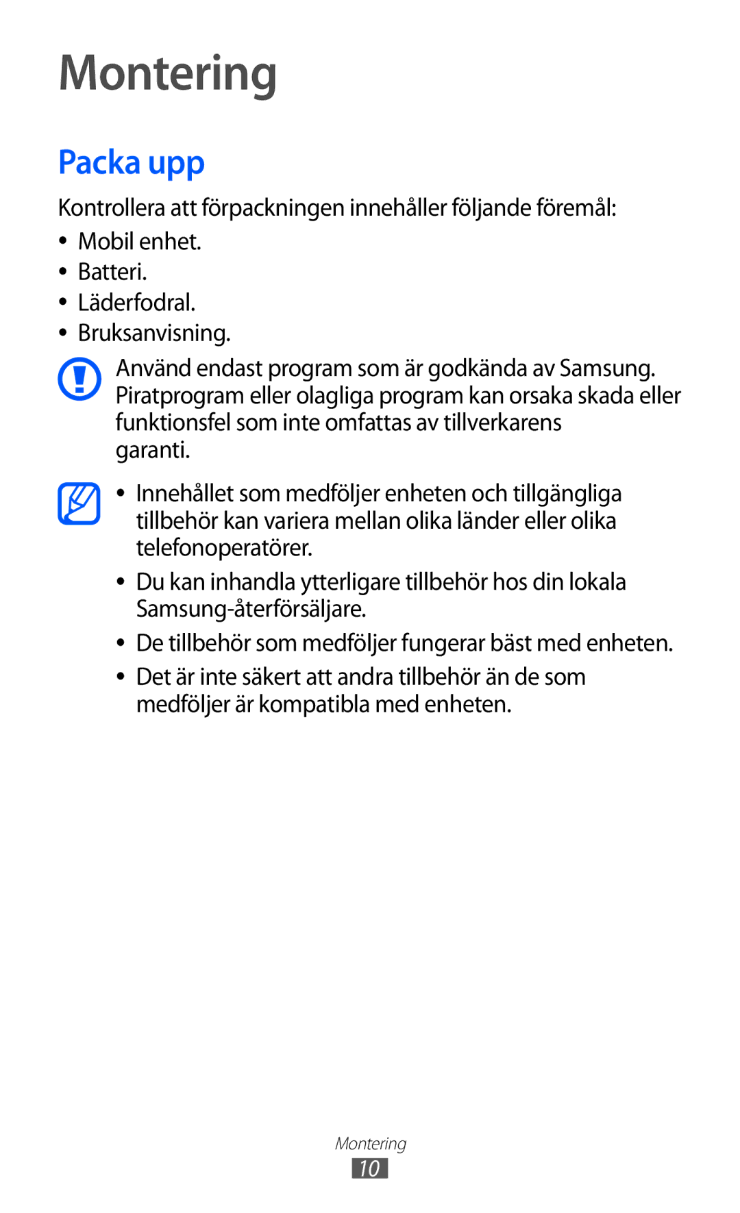 Samsung GT-S7230MKENEE, GT-S7230TAANEE, GT-S7230TAENEE, GT-S7230GRENEE, GT-S7230DWENEE manual Montering, Packa upp 