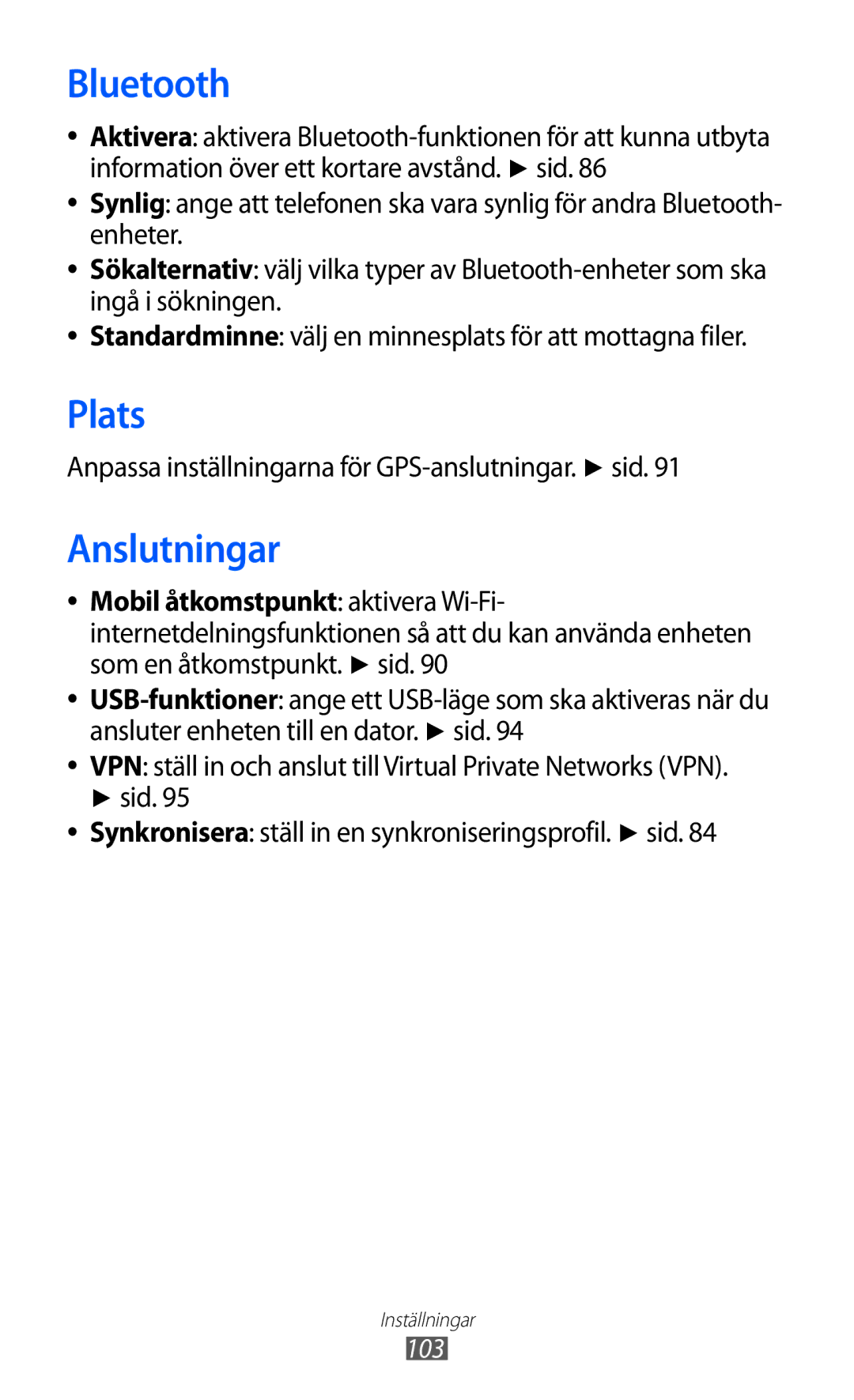 Samsung GT-S7230GRENEE, GT-S7230MKENEE manual Plats, Anslutningar, Anpassa inställningarna för GPS-anslutningar. sid 