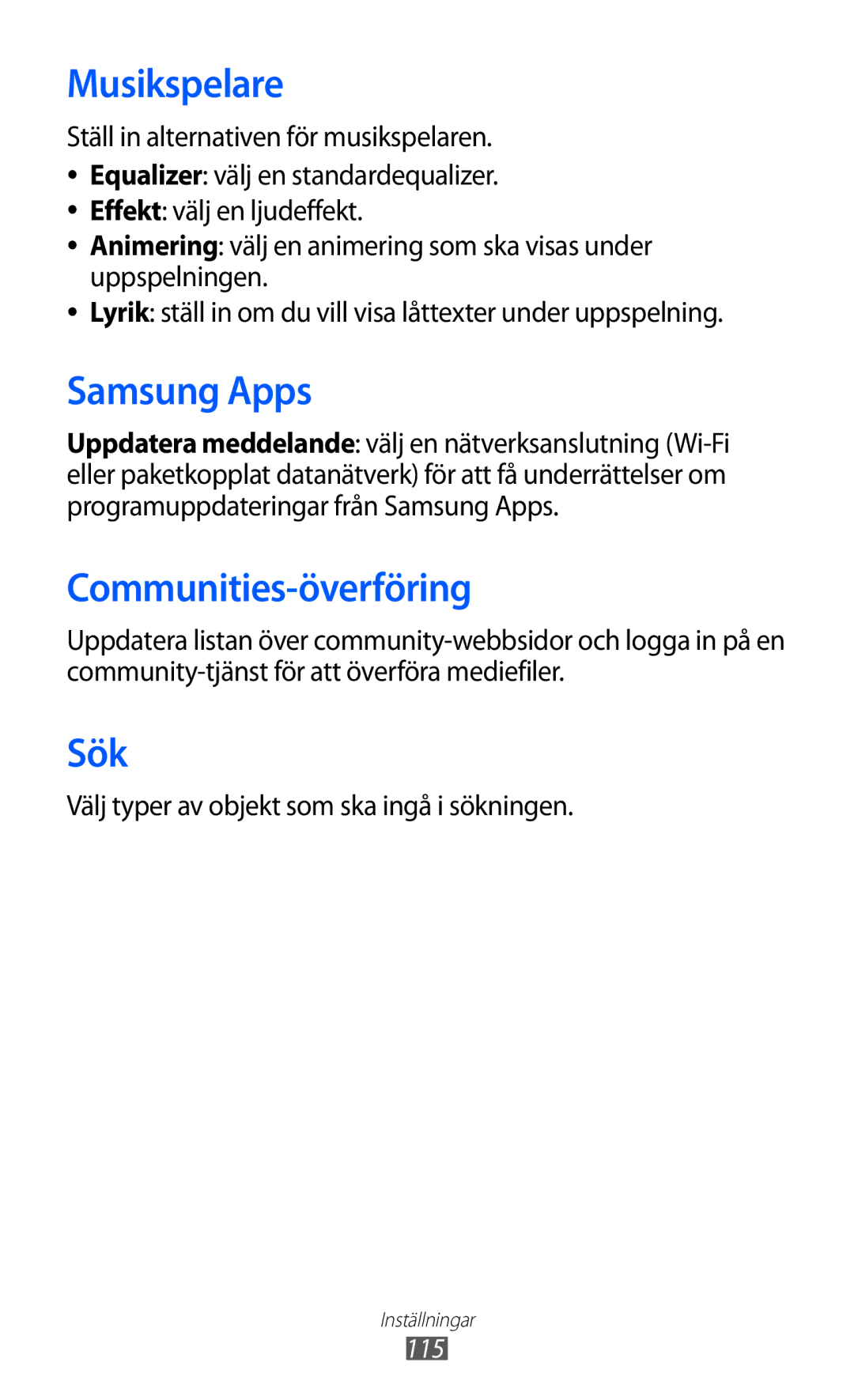 Samsung GT-S7230MKENEE manual Musikspelare, Communities-överföring, Sök, Välj typer av objekt som ska ingå i sökningen 