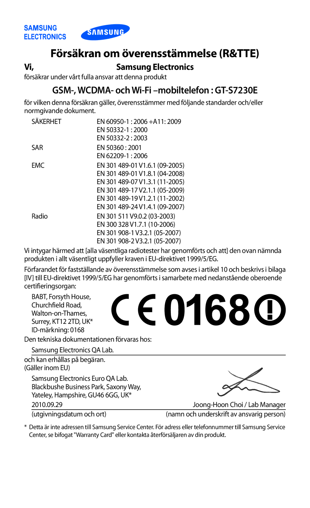 Samsung GT-S7230TAANEE, GT-S7230MKENEE, GT-S7230TAENEE, GT-S7230GRENEE, GT-S7230DWENEE Försäkran om överensstämmelse R&TTE 