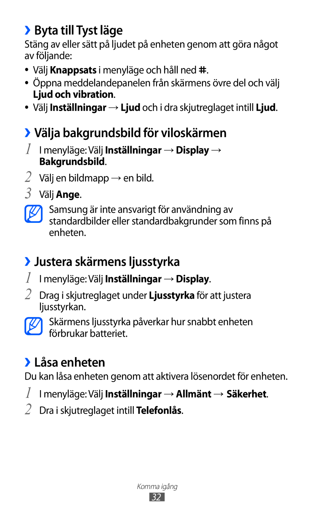 Samsung GT-S7230TAENEE manual ››Byta till Tyst läge, ››Välja bakgrundsbild för viloskärmen, ››Justera skärmens ljusstyrka 