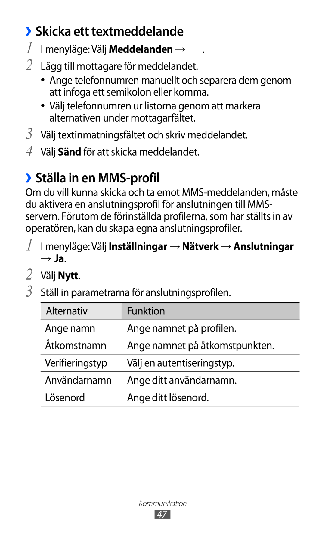 Samsung GT-S7230TAENEE, GT-S7230MKENEE, GT-S7230TAANEE manual ››Skicka ett textmeddelande, ››Ställa in en MMS-profil 