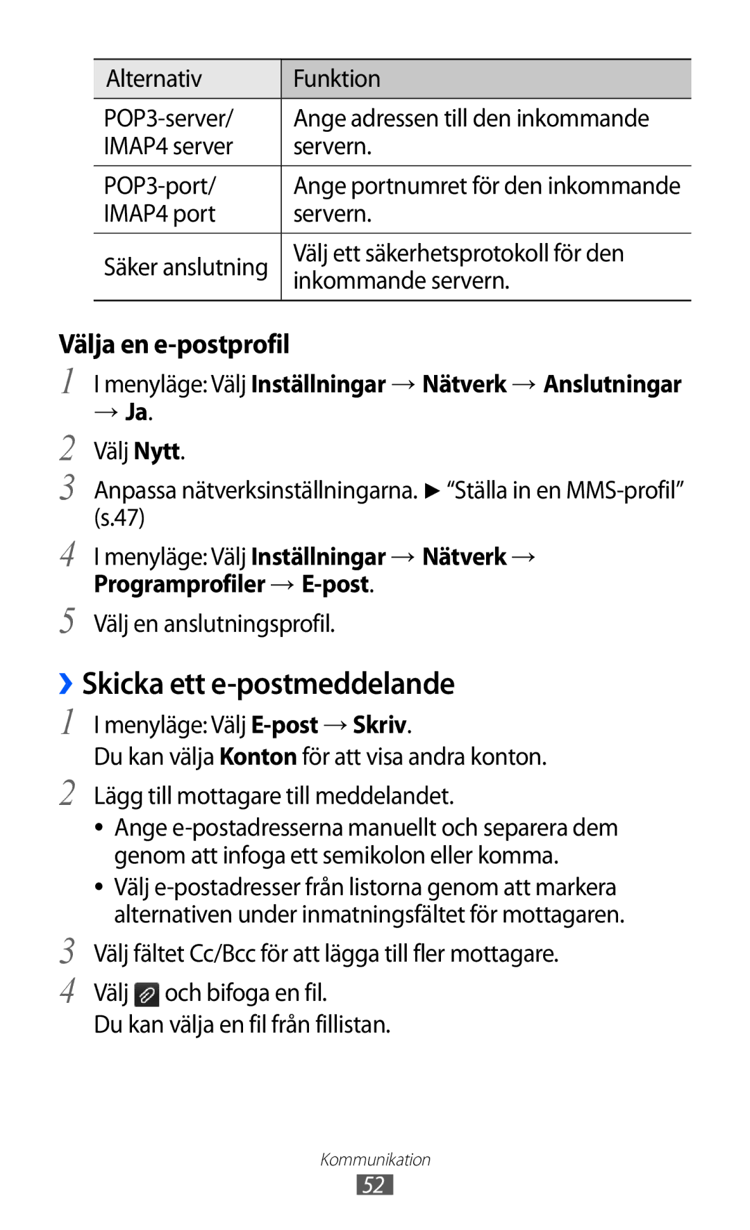 Samsung GT-S7230TAENEE manual ››Skicka ett e-postmeddelande, Menyläge Välj Inställningar → Nätverk → Anslutningar → Ja 