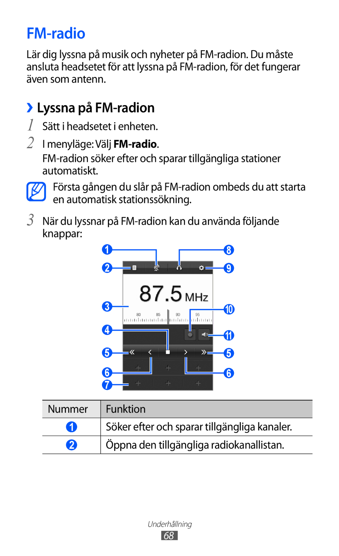 Samsung GT-S7230GRENEE, GT-S7230MKENEE, GT-S7230TAANEE, GT-S7230TAENEE, GT-S7230DWENEE manual ››Lyssna på FM-radion 