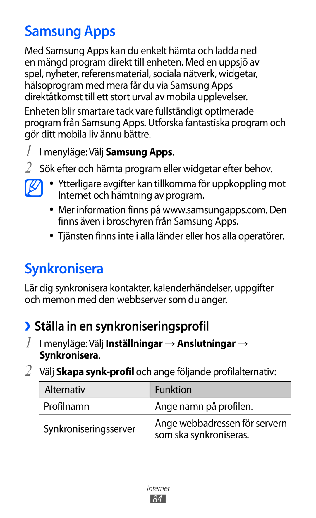 Samsung GT-S7230DWENEE manual Samsung Apps, Synkronisera, ››Ställa in en synkroniseringsprofil, Som ska synkroniseras 