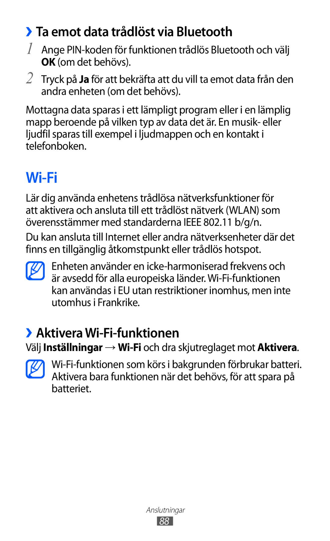 Samsung GT-S7230GRENEE, GT-S7230MKENEE manual ››Ta emot data trådlöst via Bluetooth, ››Aktivera Wi-Fi-funktionen 