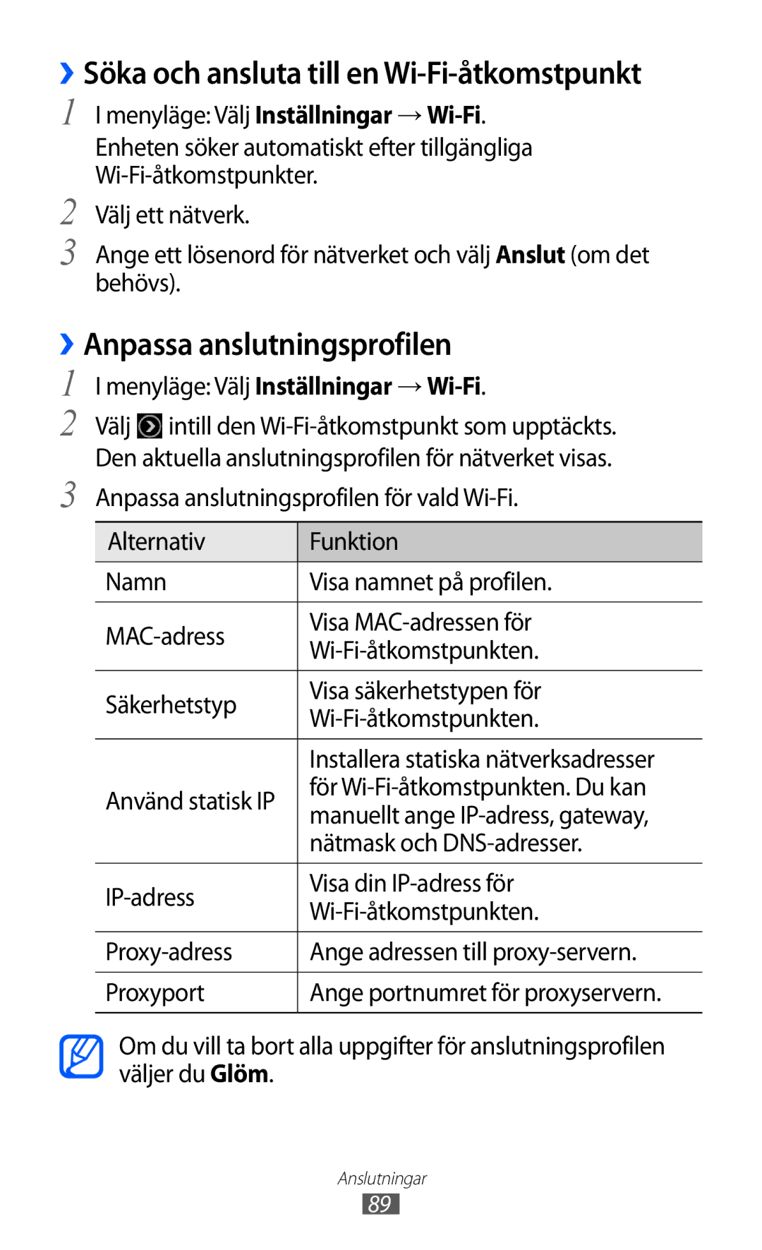 Samsung GT-S7230DWENEE manual ››Anpassa anslutningsprofilen, Menyläge Välj Inställningar → Wi-Fi, Nätmask och DNS-adresser 