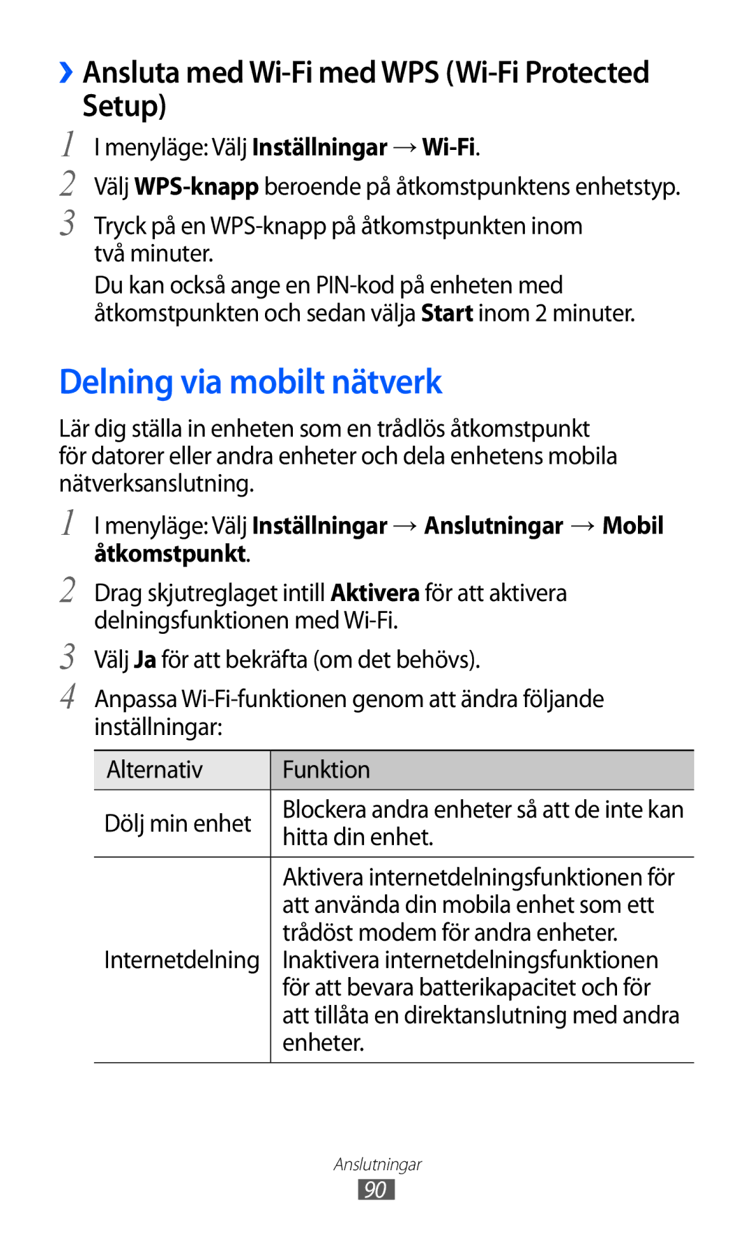 Samsung GT-S7230MKENEE, GT-S7230TAANEE, GT-S7230TAENEE, GT-S7230GRENEE, GT-S7230DWENEE manual Delning via mobilt nätverk, Setup 