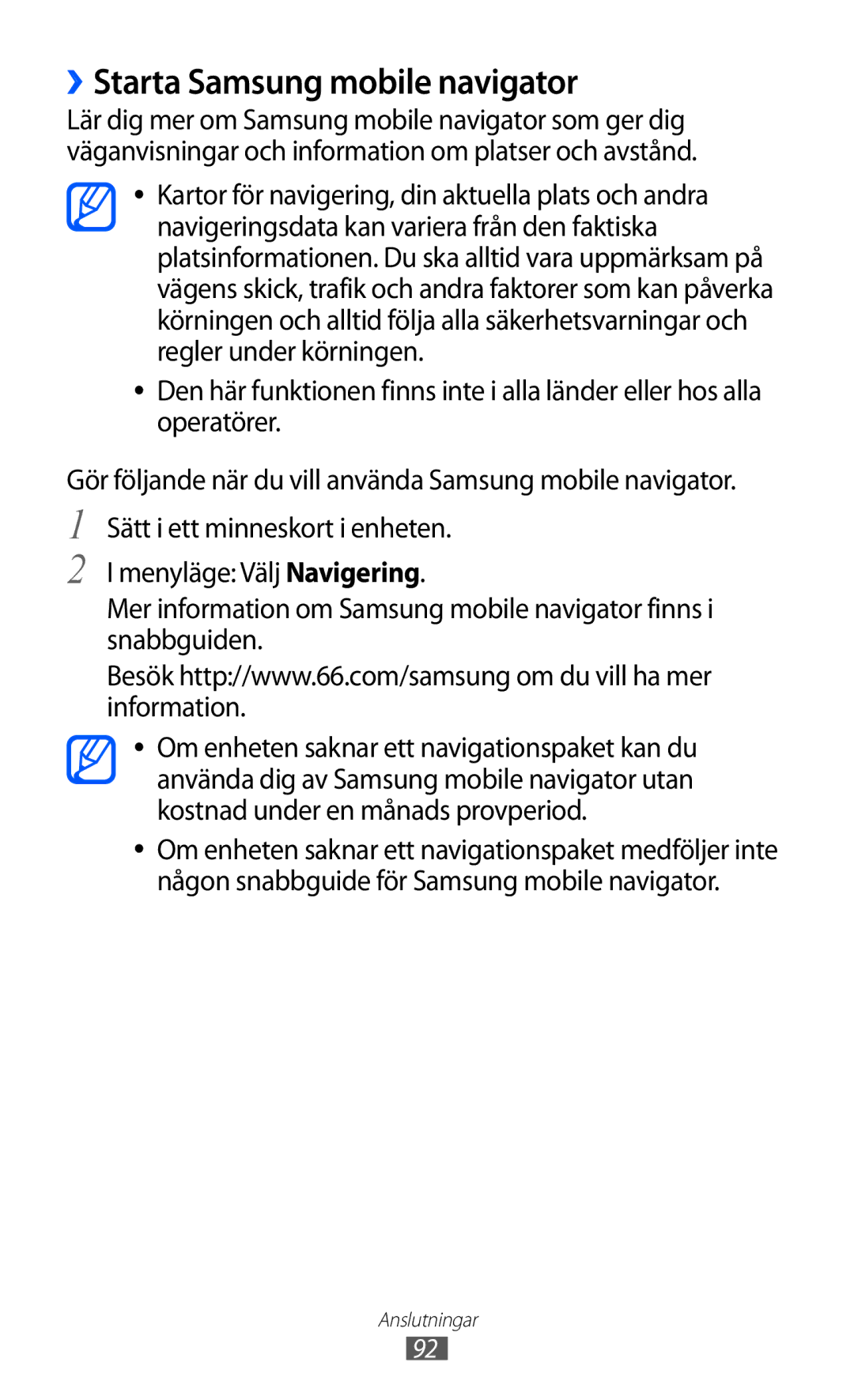 Samsung GT-S7230TAENEE, GT-S7230MKENEE, GT-S7230TAANEE, GT-S7230GRENEE, GT-S7230DWENEE manual ››Starta Samsung mobile navigator 