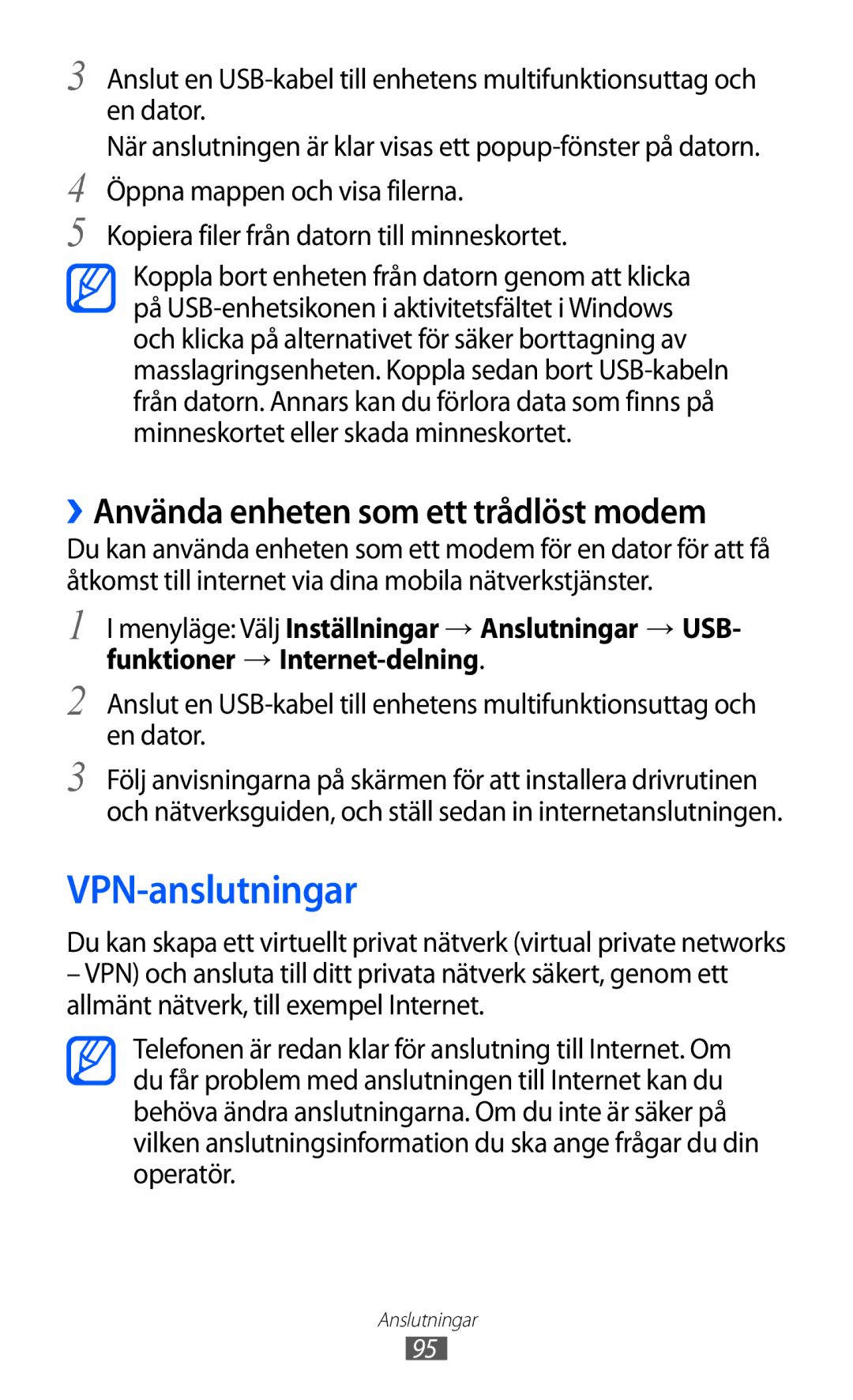 Samsung GT-S7230MKENEE, GT-S7230TAANEE, GT-S7230TAENEE manual VPN-anslutningar, ››Använda enheten som ett trådlöst modem 