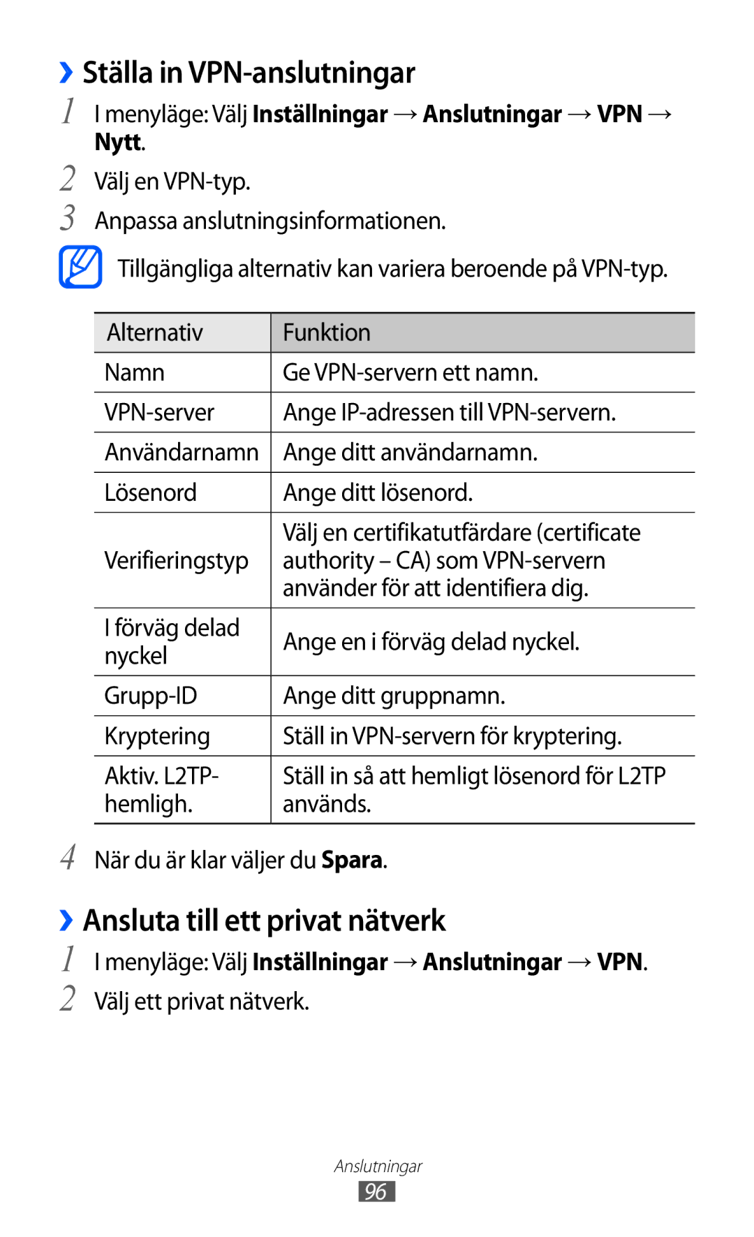 Samsung GT-S7230TAANEE, GT-S7230MKENEE, GT-S7230TAENEE manual ››Ställa in VPN-anslutningar, ››Ansluta till ett privat nätverk 