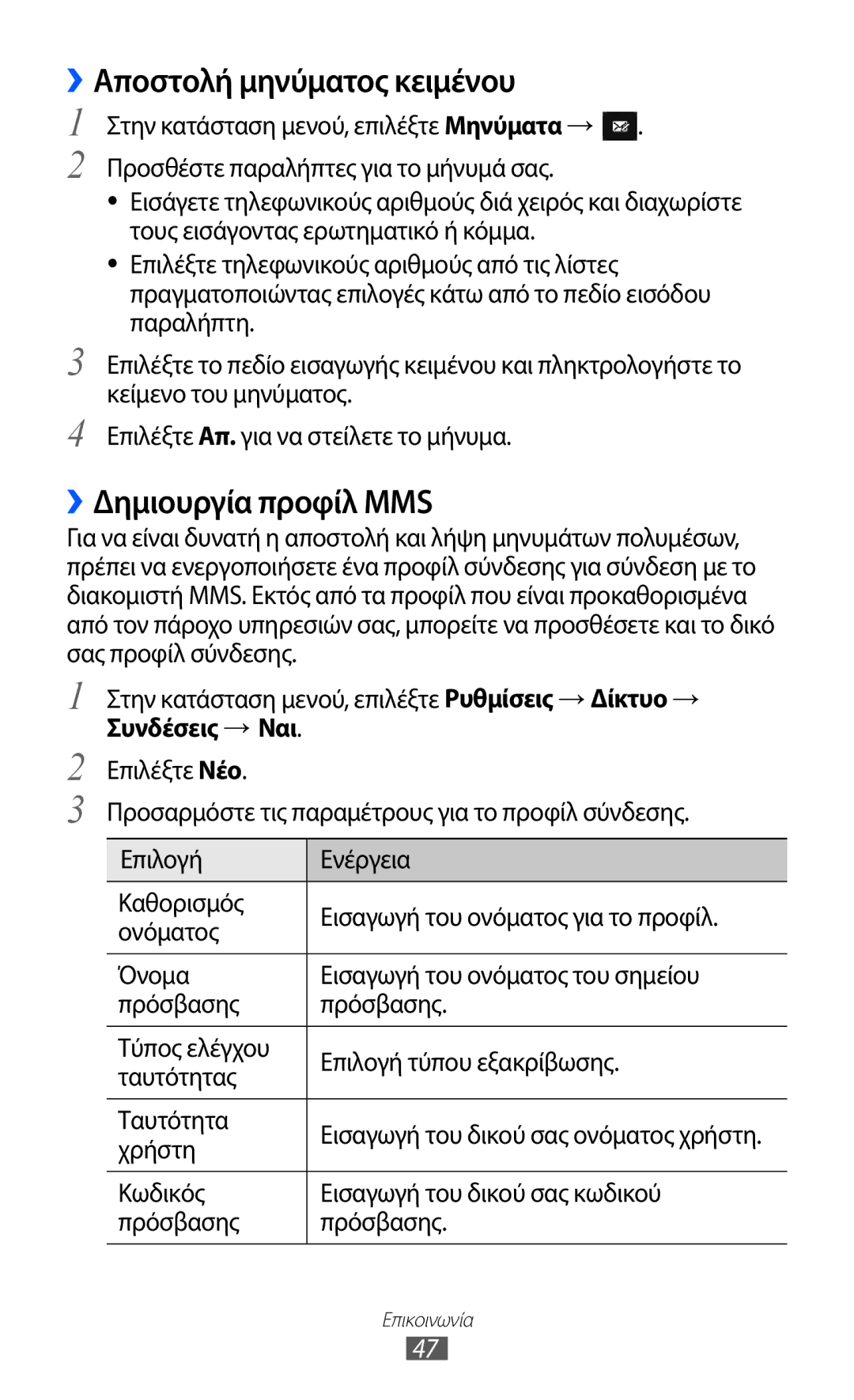 Samsung GT-S7230TAECYV, GT-S7230RIECYV, GT-S7230GRECOS manual ››Αποστολή μηνύματος κειμένου, ››Δημιουργία προφίλ MMS, Χρήστη 