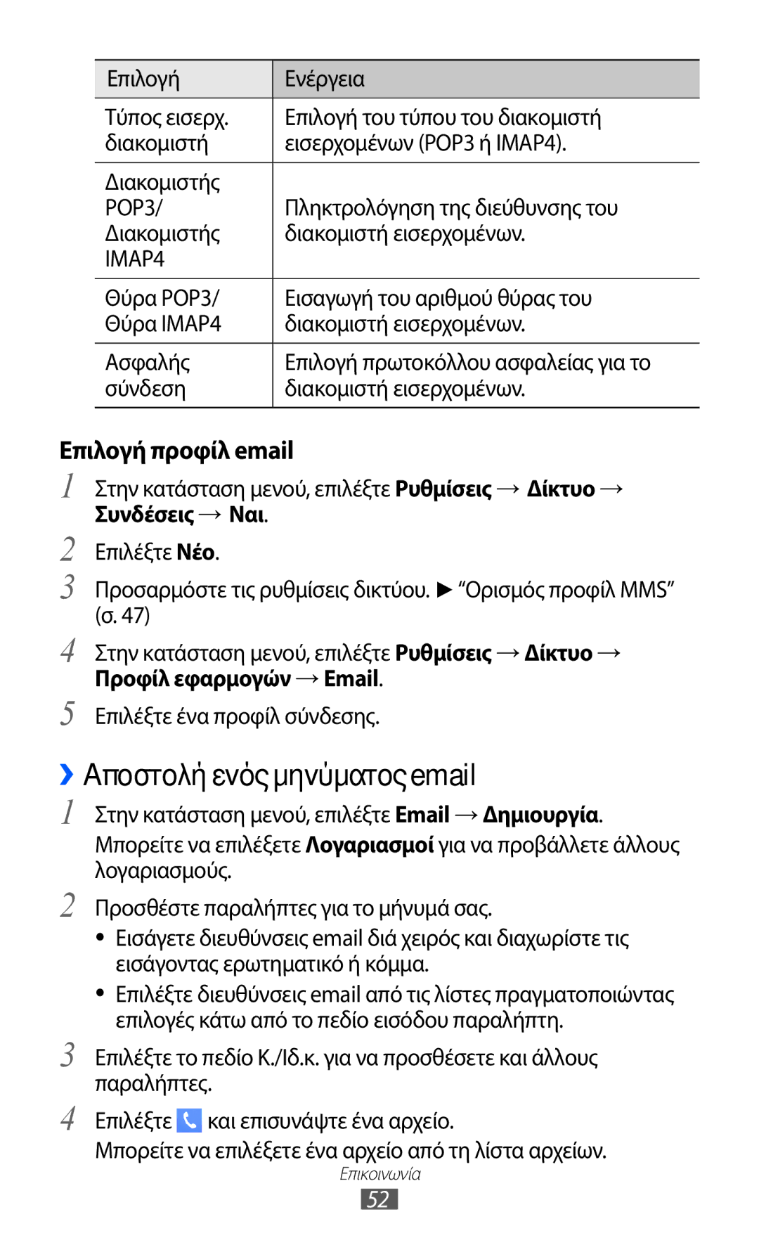 Samsung GT-S7230MKECOS manual ››Αποστολή ενός μηνύματος email, Επιλογή προφίλ email, Διακομιστής Διακομιστή εισερχομένων 