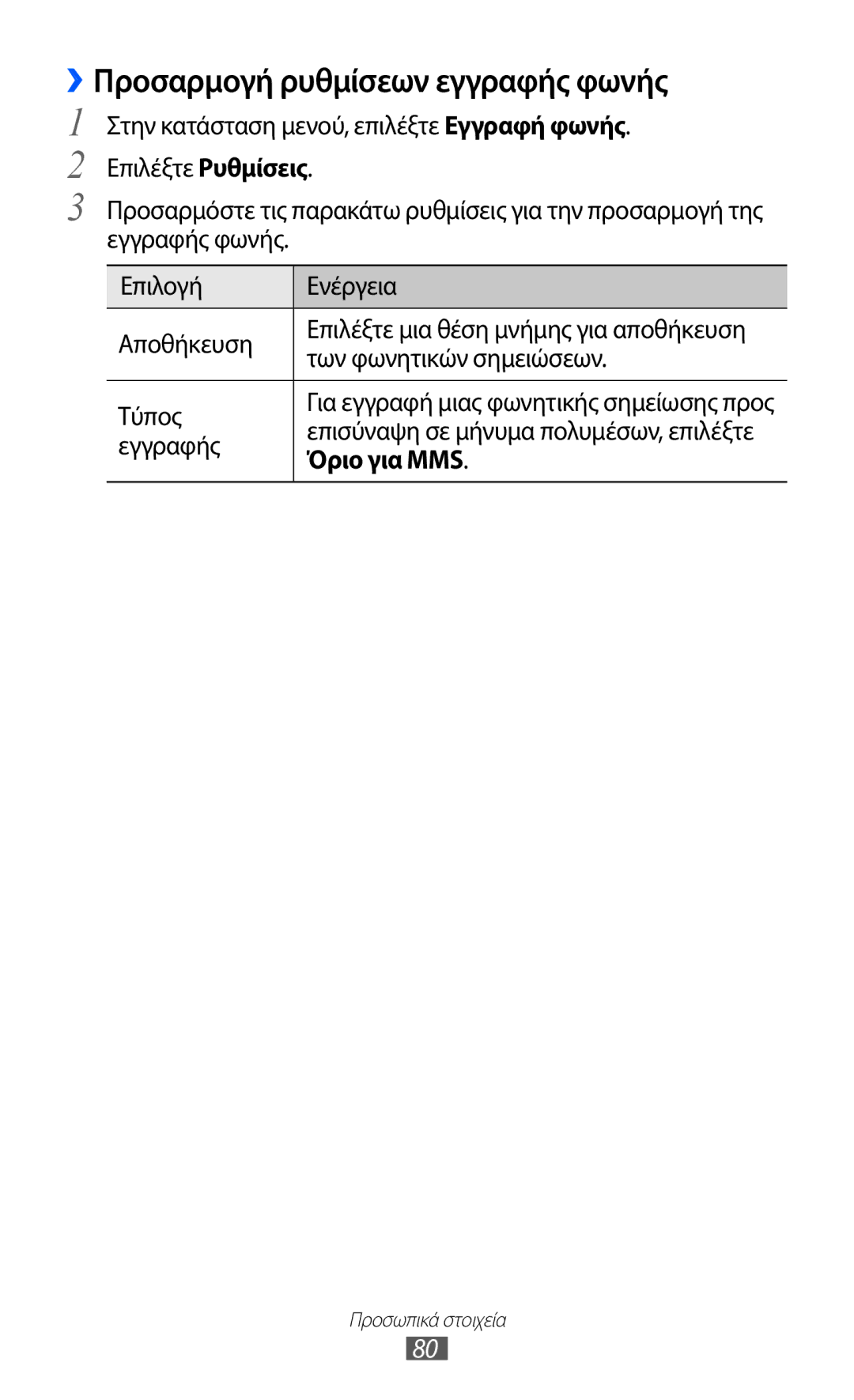 Samsung GT-S7230MKECYO manual ››Προσαρμογή ρυθμίσεων εγγραφής φωνής, Των φωνητικών σημειώσεων, Τύπος, Όριο για MMS 