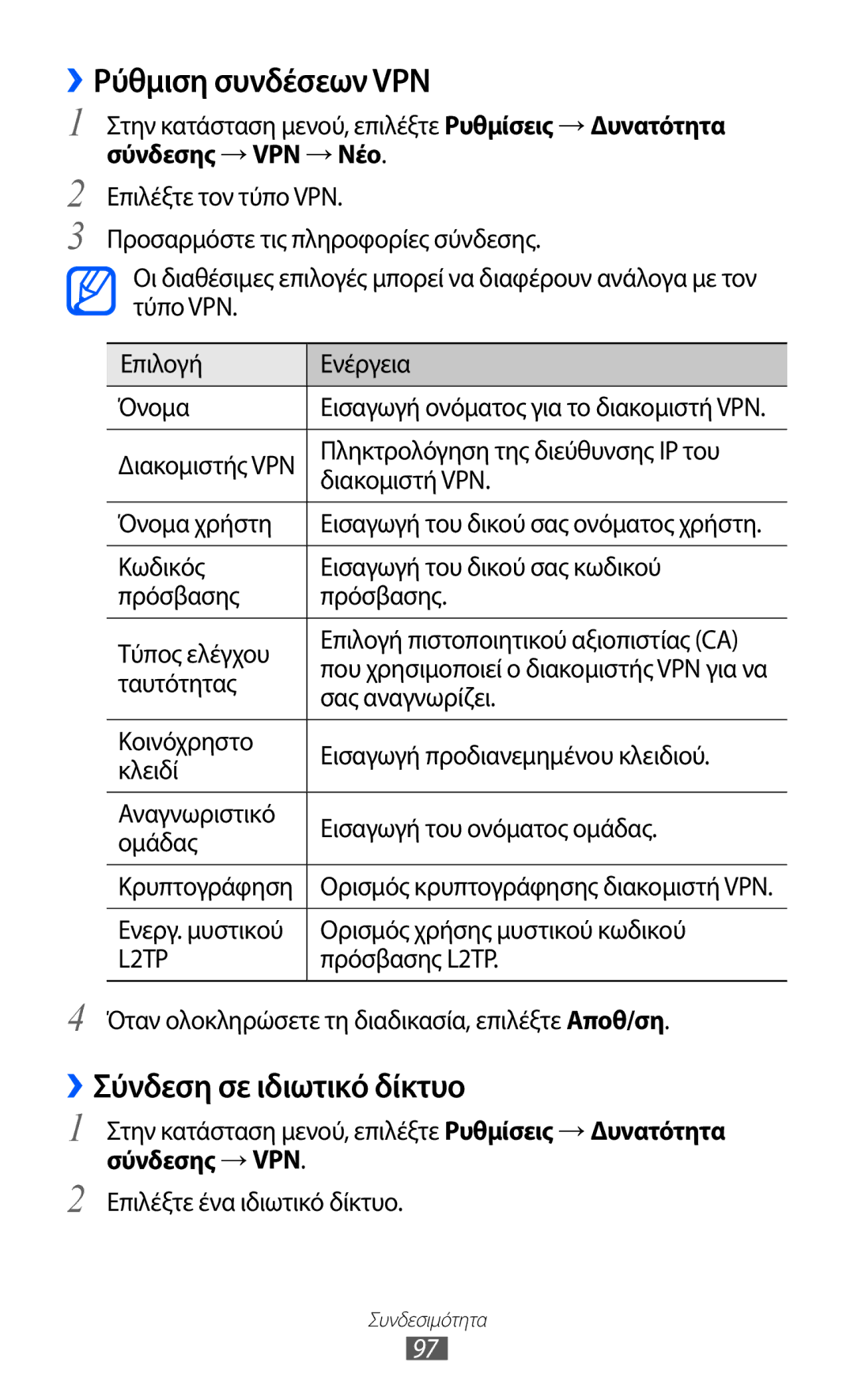 Samsung GT-S7230MKEVGR, GT-S7230RIECYV, GT-S7230GRECOS, GT-S7230DWEVGR ››Ρύθμιση συνδέσεων VPN, ››Σύνδεση σε ιδιωτικό δίκτυο 