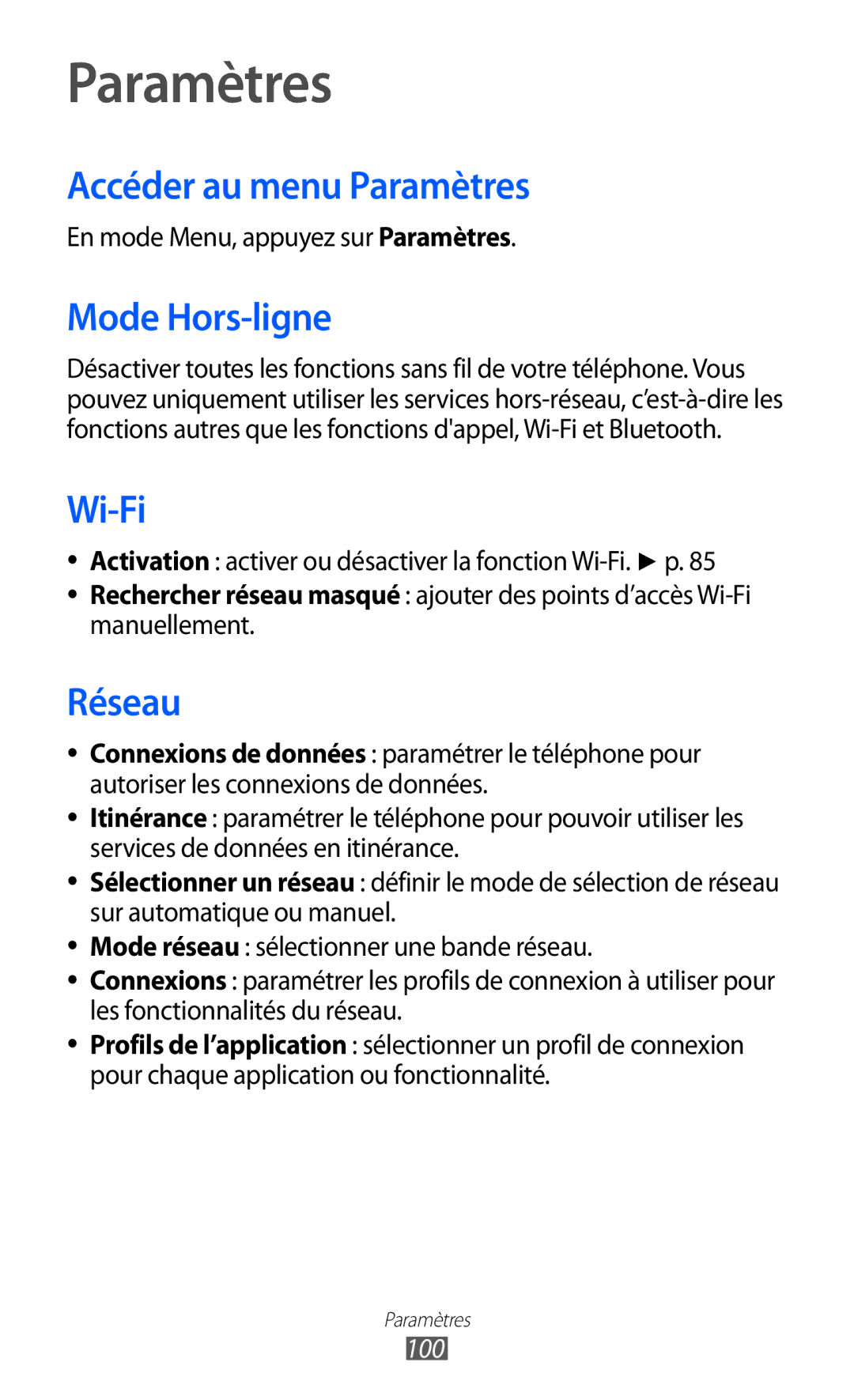 Samsung GT-S7230MKEXEF, GT-S7230TAEBOG, GT-S7230DWEXEF manual Accéder au menu Paramètres, Mode Hors-ligne, Réseau, 100 