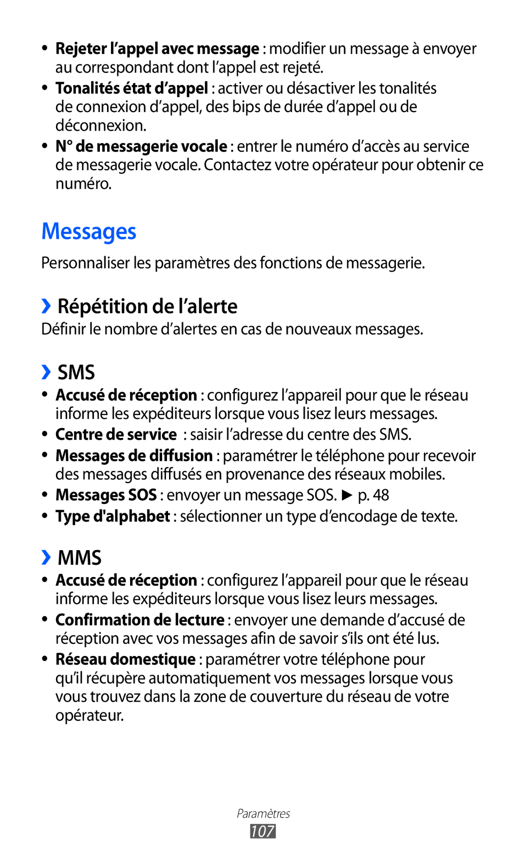 Samsung GT-S7230DWEFTM manual ››Répétition de l’alerte, Personnaliser les paramètres des fonctions de messagerie, 107 