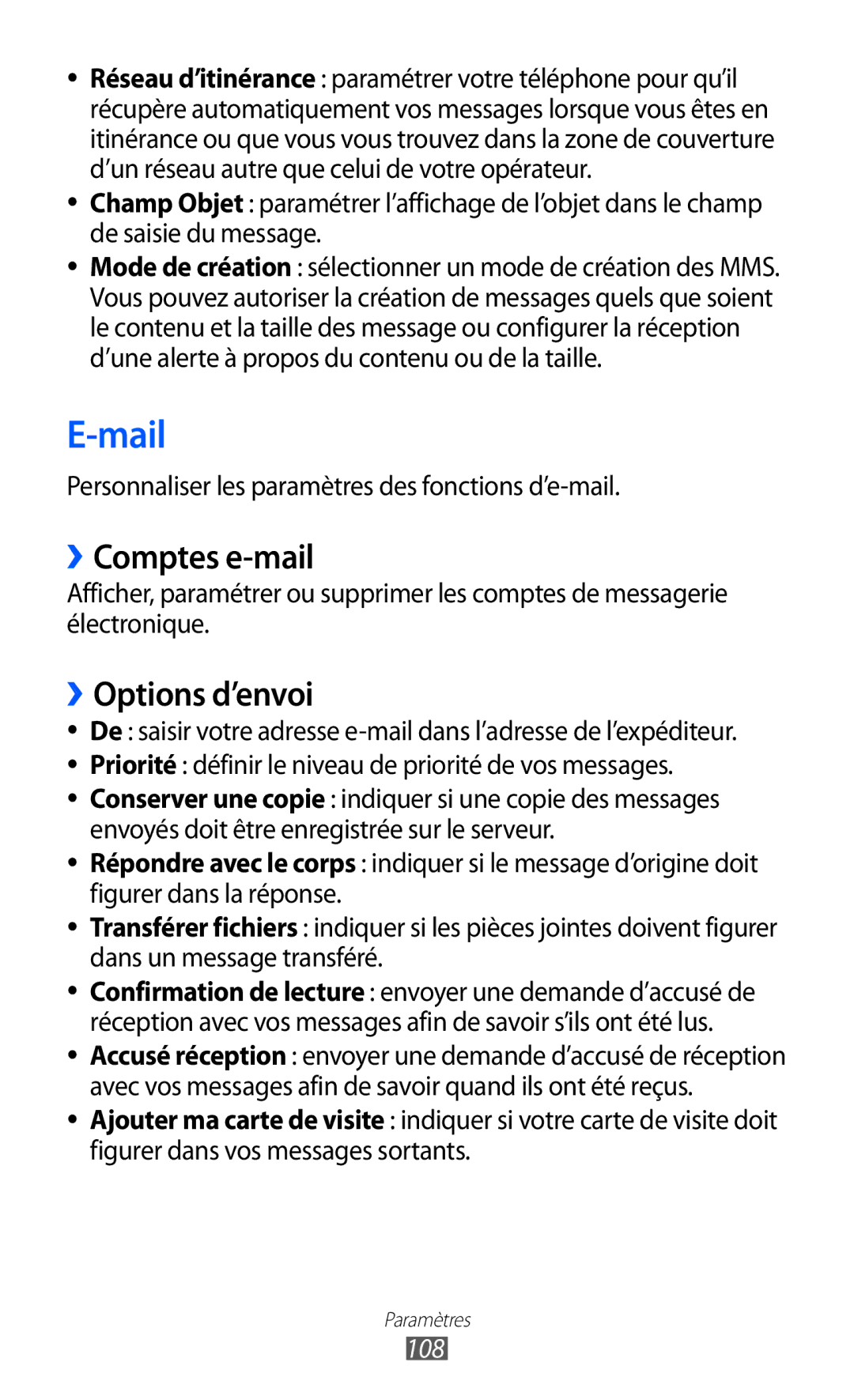 Samsung GT-S7230TAEBOG manual ››Comptes e-mail, ››Options d’envoi, Personnaliser les paramètres des fonctions d’e-mail, 108 