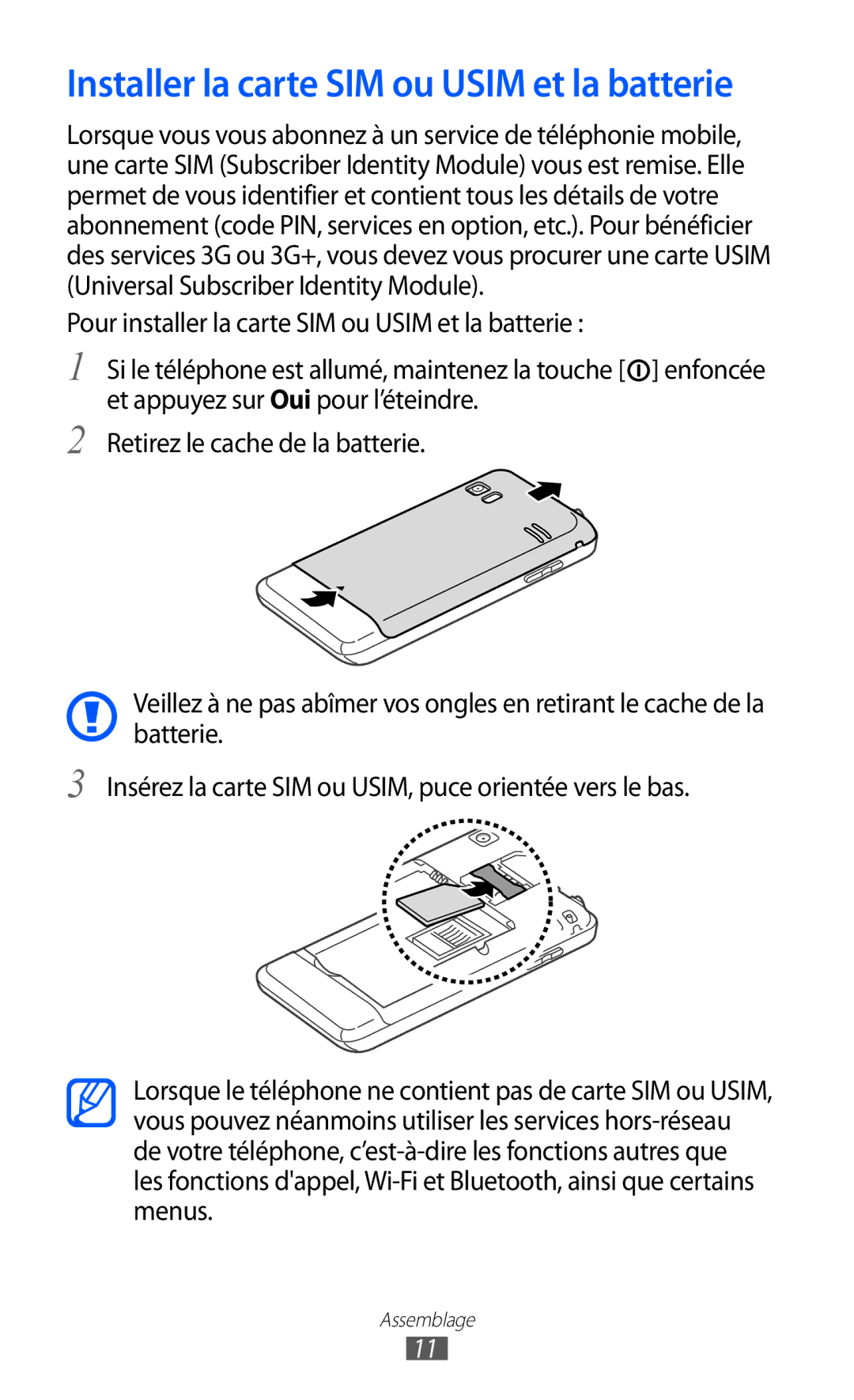 Samsung GT-S7230GRELPM, GT-S7230TAEBOG, GT-S7230DWEXEF, GT-S7230DWEBOG manual Installer la carte SIM ou Usim et la batterie 