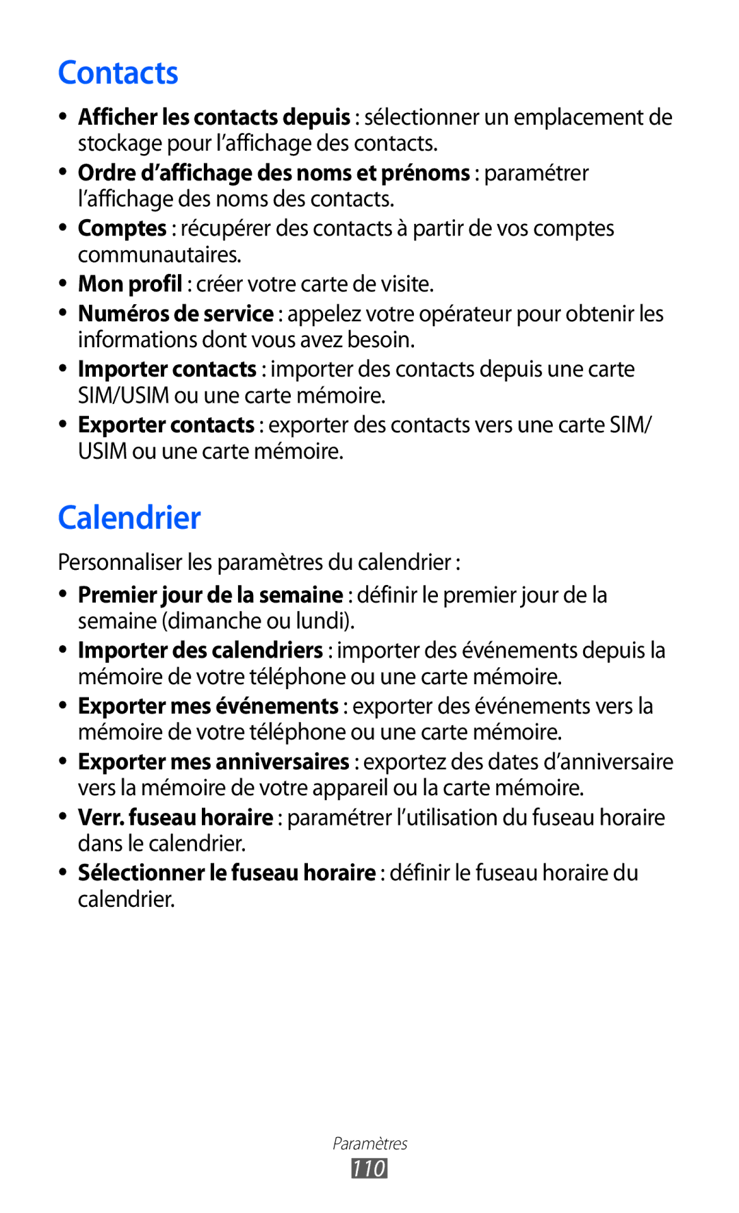 Samsung GT-S7230DWEBOG, GT-S7230TAEBOG manual Sélectionner le fuseau horaire définir le fuseau horaire du, Calendrier, 110 