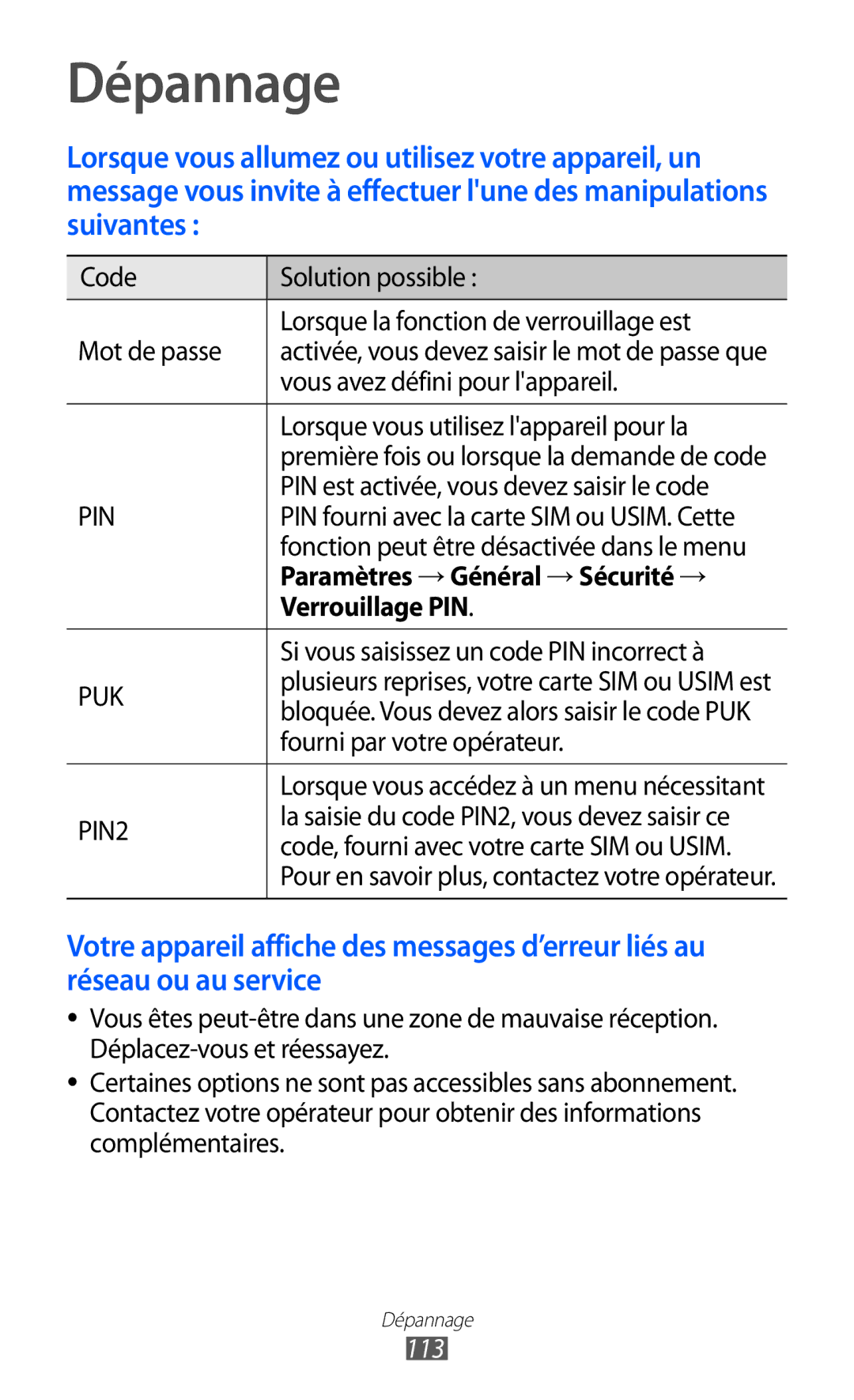 Samsung GT-S7230MKEFTM, GT-S7230TAEBOG, GT-S7230DWEXEF Dépannage, Paramètres → Général → Sécurité →, Verrouillage PIN, 113 