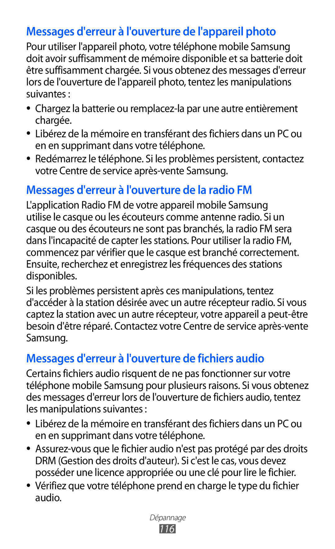 Samsung GT-S7230TAASFR, GT-S7230TAEBOG, GT-S7230DWEXEF, GT-S7230DWEBOG Messages derreur à louverture de lappareil photo, 116 