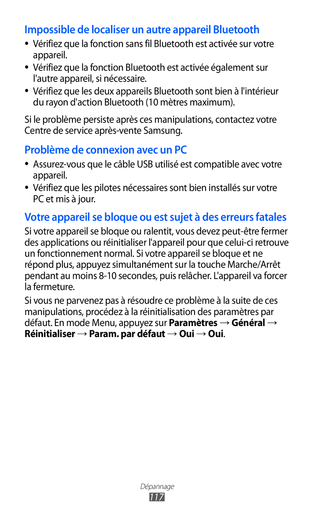 Samsung GT-S7230TAABOG, GT-S7230TAEBOG, GT-S7230DWEXEF, GT-S7230DWEBOG Réinitialiser → Param. par défaut → Oui → Oui, 117 