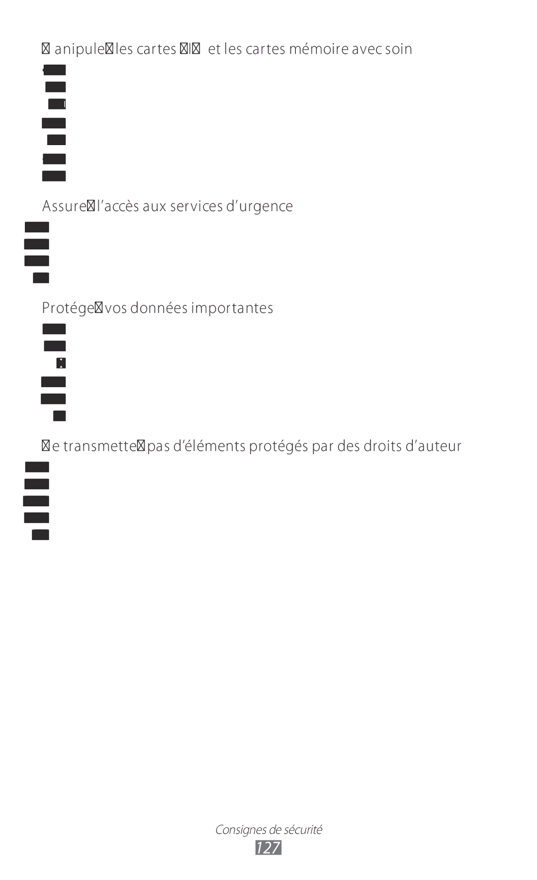 Samsung GT-S7230MKEXEF, GT-S7230TAEBOG, GT-S7230DWEXEF manual 127, Manipulez les cartes SIM et les cartes mémoire avec soin 