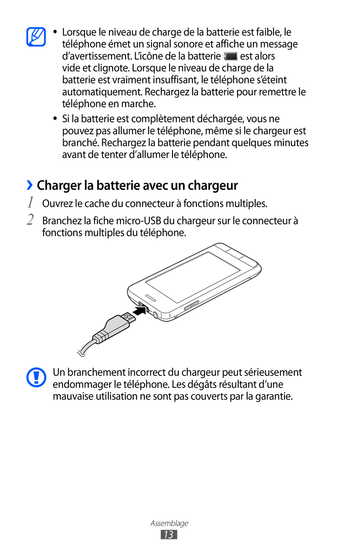 Samsung GT-S7230TAEVGF, GT-S7230TAEBOG, GT-S7230DWEXEF, GT-S7230DWEBOG, GT-S7230TAENRJ ››Charger la batterie avec un chargeur 